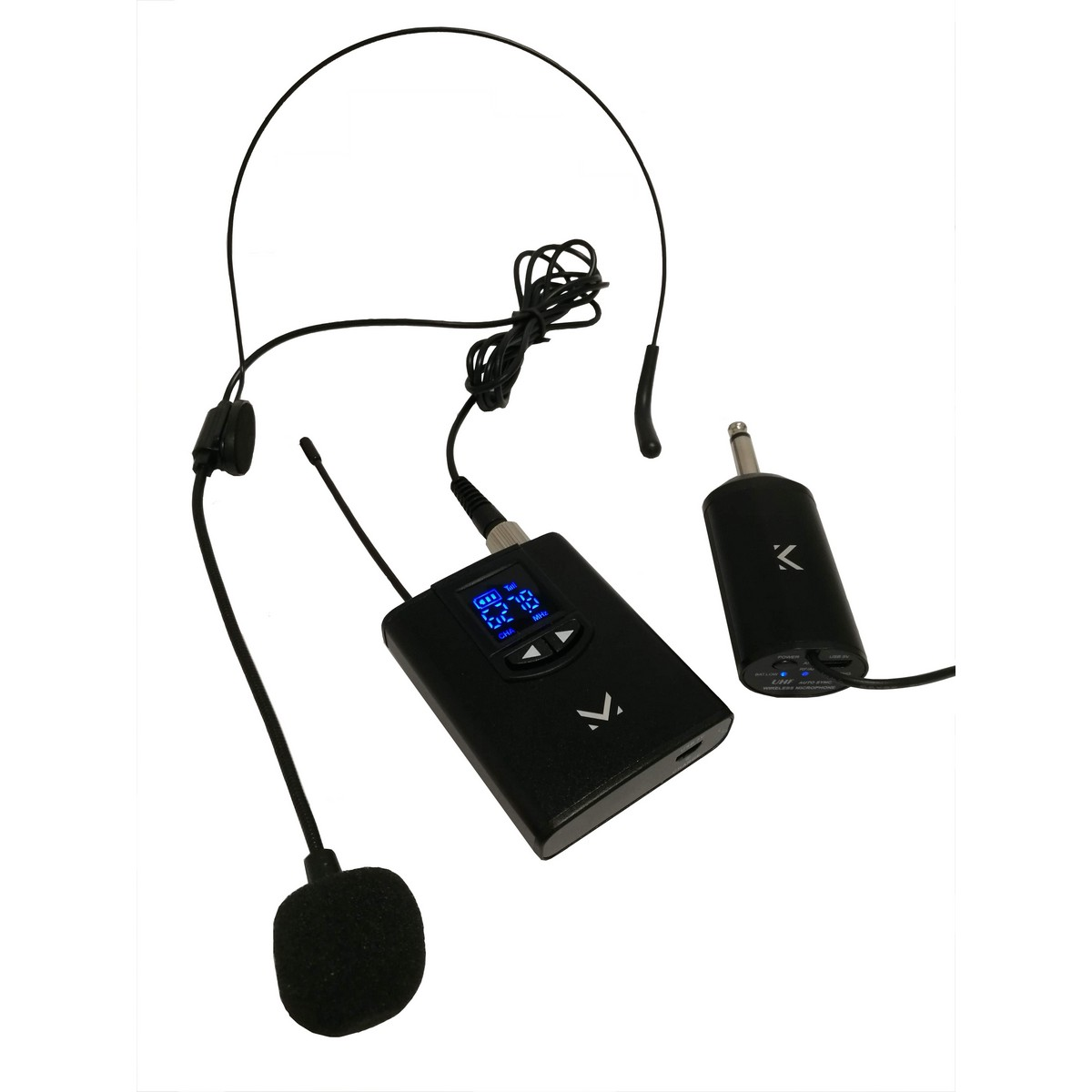 Un sistema de micrófono inalámbrico negro. Incluye un micrófono de diadema, receptor, transmisor y cables de conexión, todo sobre un fondo blanco.