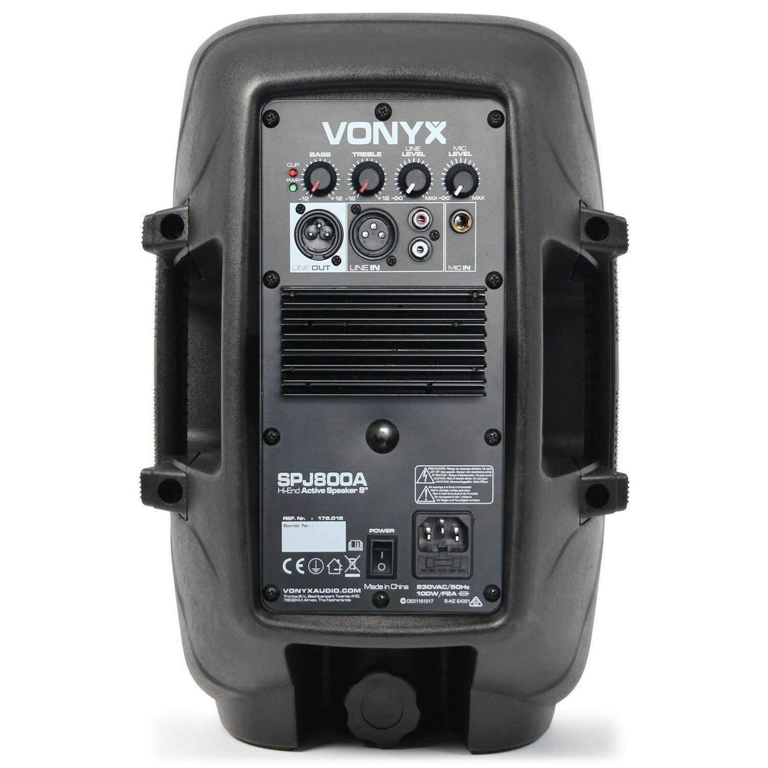 Zwart Vonyx SPJ800A luidspreker achterpaneel met bediening voor bas, treble, lijn en mic niveau. Inclusief stroom- en ingangspoorten.