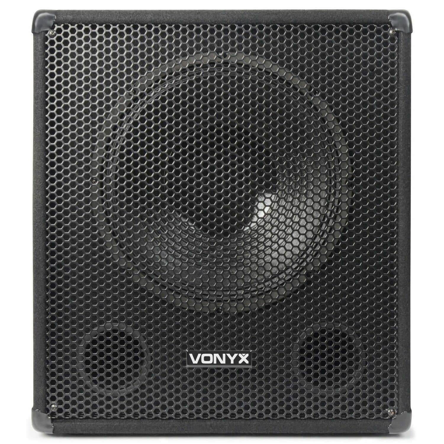 Un altavoz Vonyx negro con rejilla de panal. El altavoz es cuadrado con el nombre de la marca en la parte inferior.