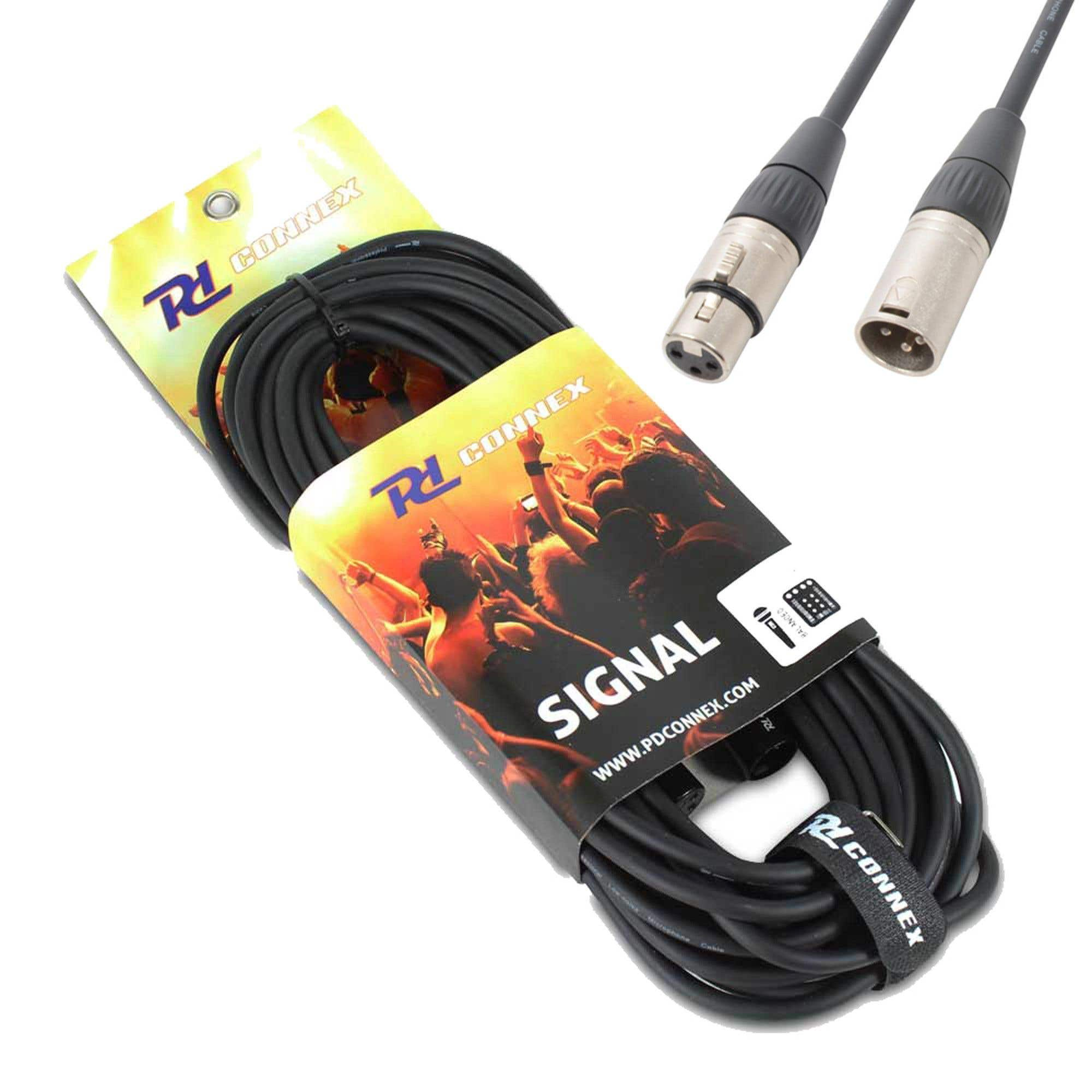 Cable de micrófono XLR negro, enrollado, con conectores. Empaquetado con una etiqueta que muestra una multitud y el logotipo de la marca.