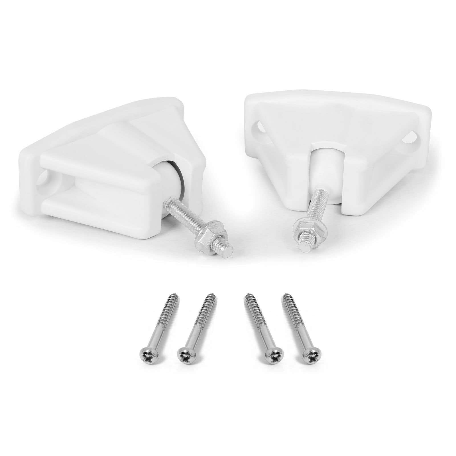 Soportes de plástico blanco, tornillos y tuercas sobre una superficie blanca. Dos soportes están ensamblados con tornillos y tuercas.
