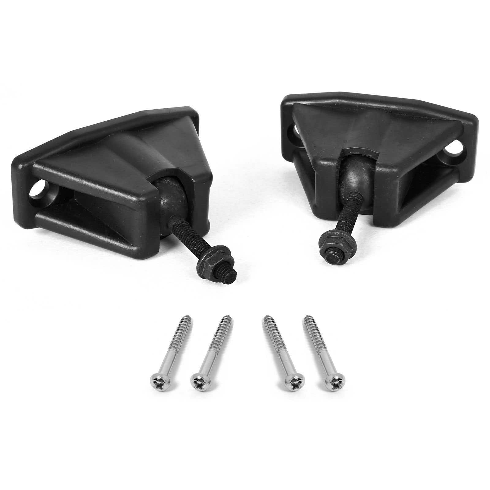 Dos soportes de plástico negro con pernos y tuercas, y cuatro tornillos plateados dispuestos sobre un fondo blanco.