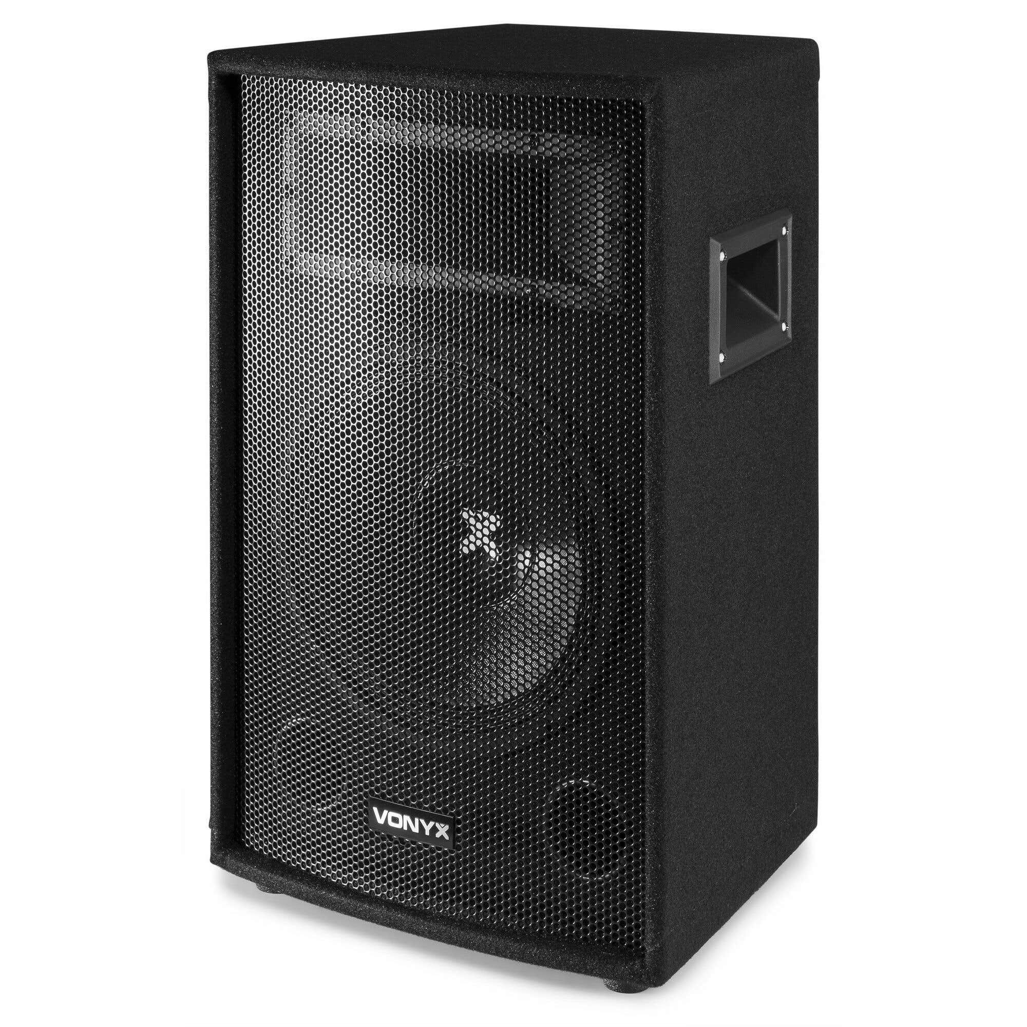Un altavoz Vonyx negro. Tiene una rejilla metálica frontal, un asa y el logotipo de Vonyx.