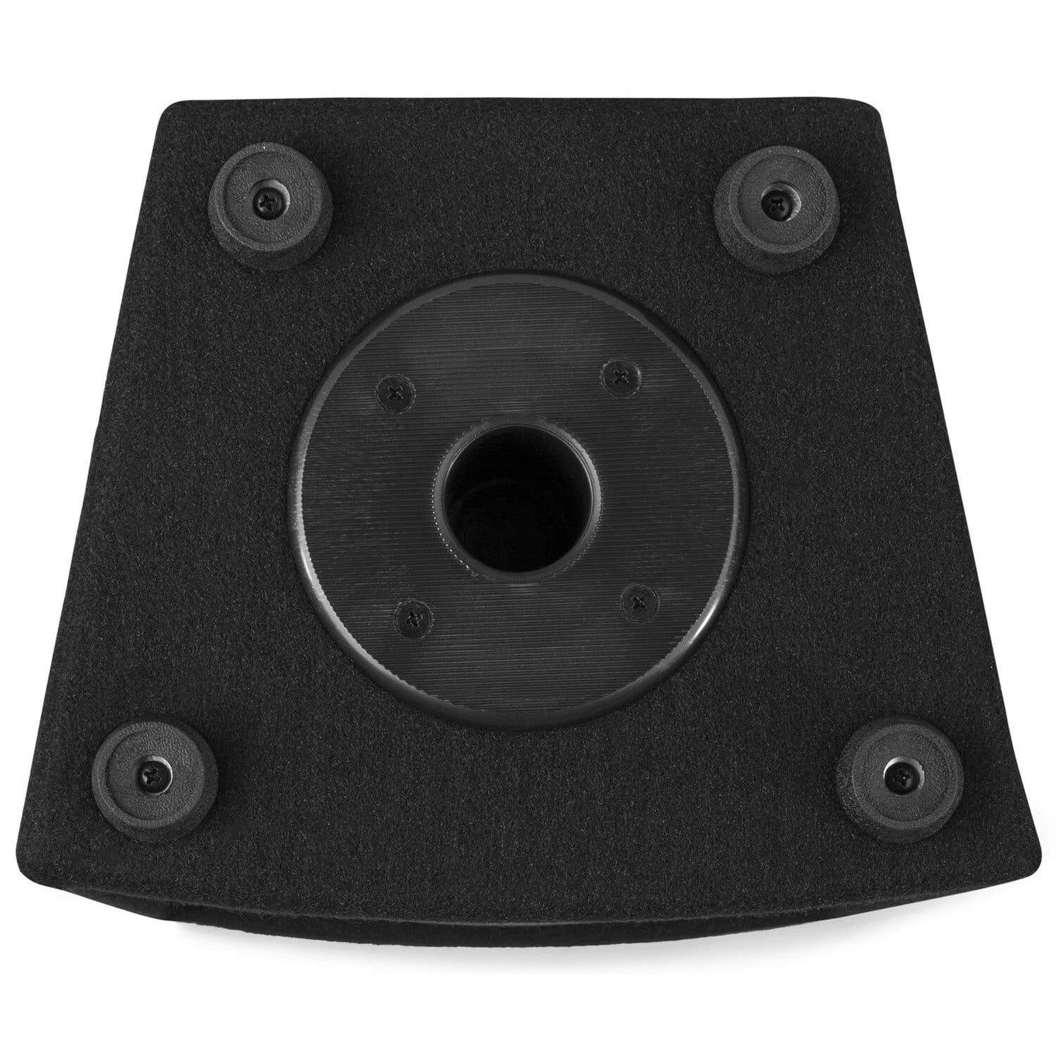 Una base de altavoz negra con una depresión circular central. Cuatro pies de goma en las esquinas. El centro tiene un agujero circular.