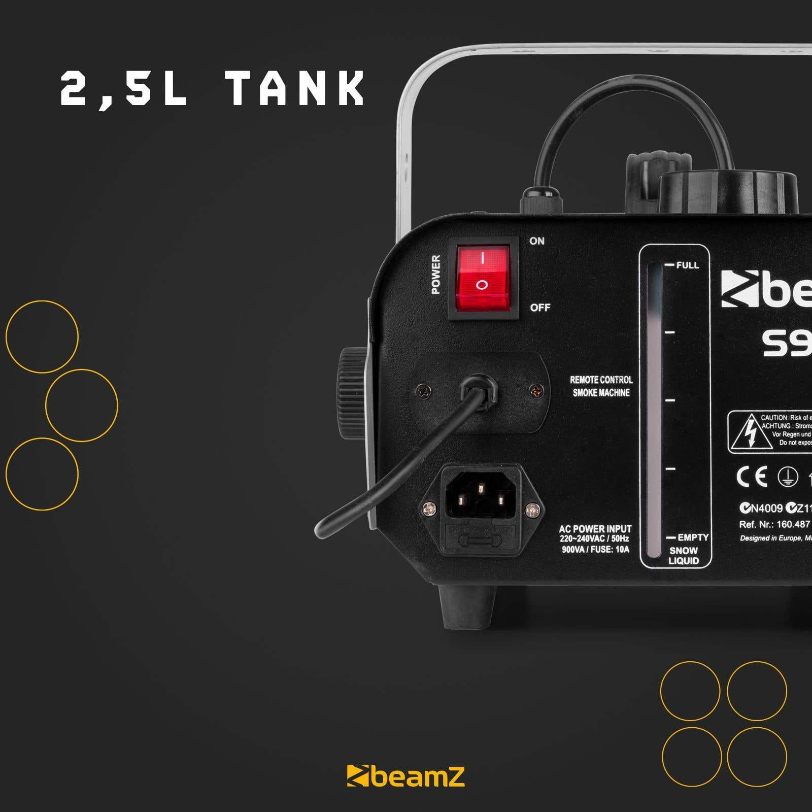 Máquina de humo negra con botón de encendido rojo. Arriba, el texto '2,5L TANK'. La marca es 'beamz'.
