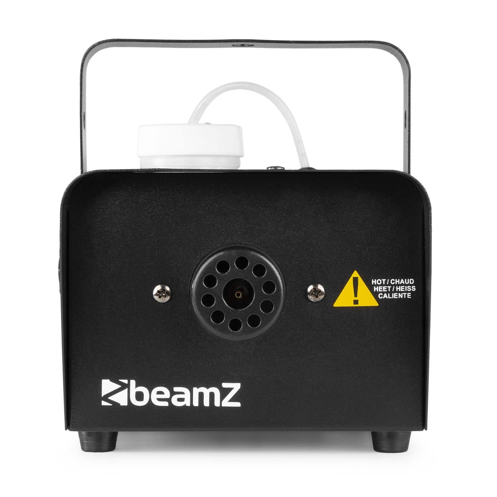 Máquina de niebla Beamz negra con un recipiente de líquido blanco y una señal de advertencia. Tiene un asa en la parte superior y una boquilla.