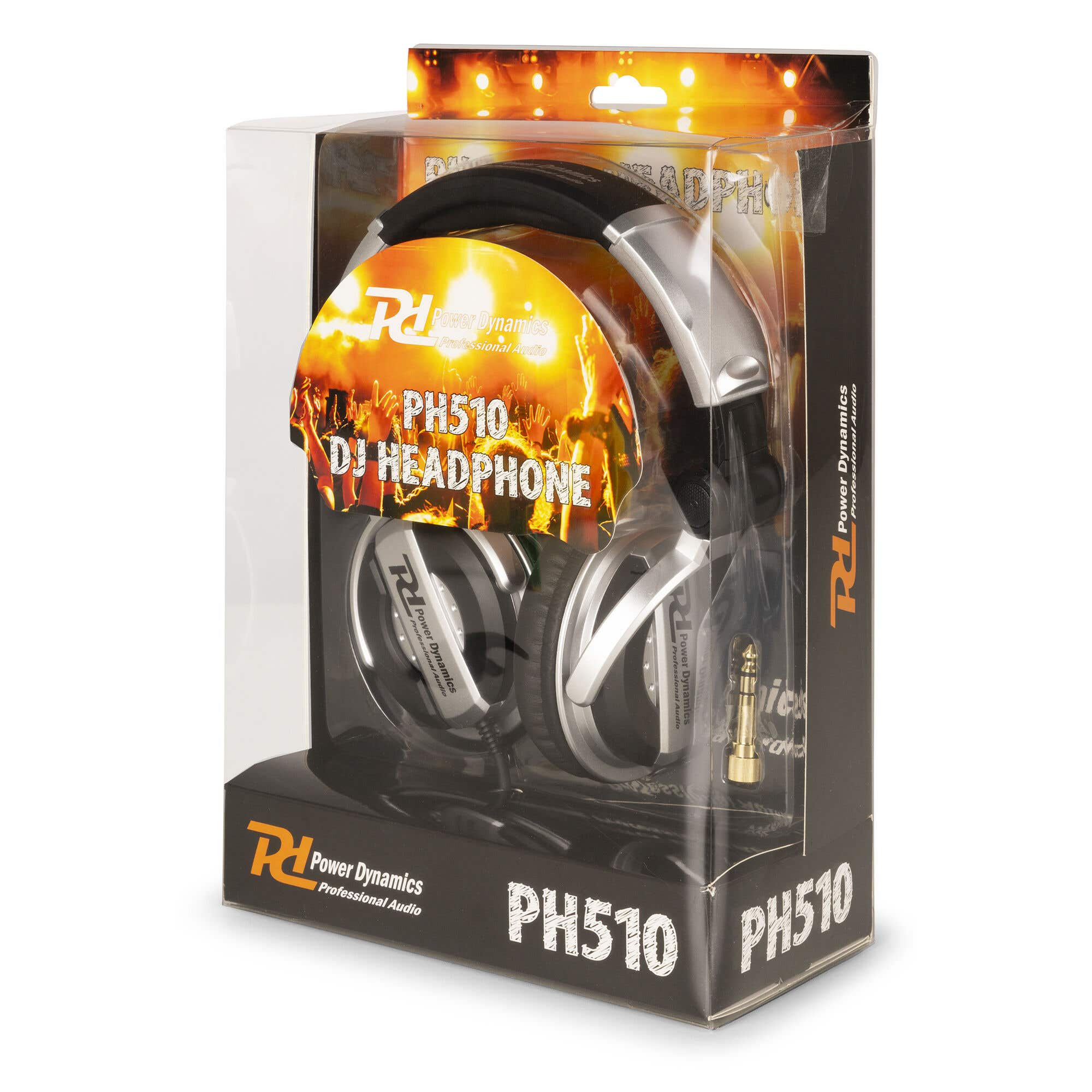Auriculares en una caja de plástico transparente. La caja es negra y naranja. Los auriculares son plateados y negros.