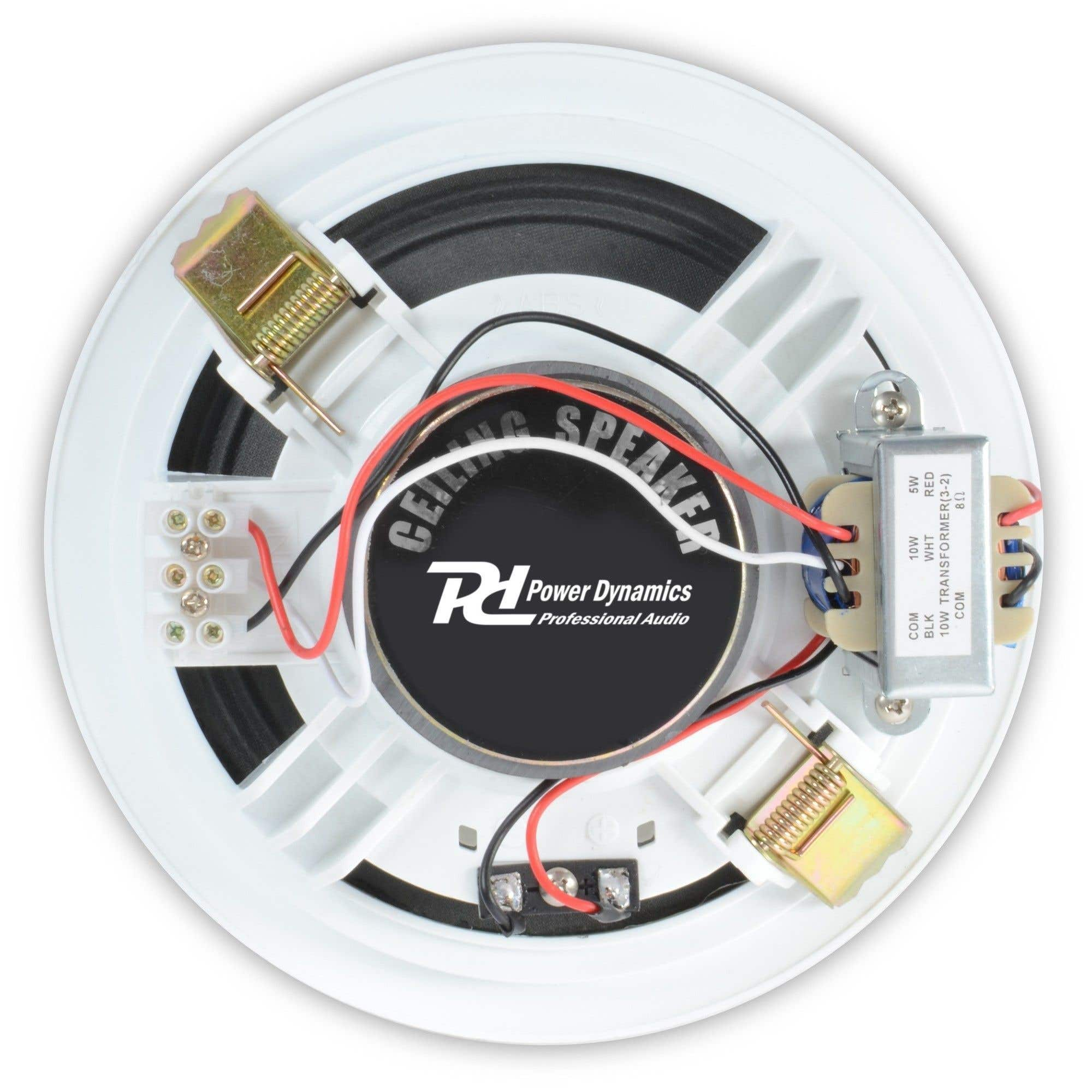 Altavoz de techo con cono negro, marco blanco, cables y transformador. Texto: 'Power Dynamics Professional Audio'.