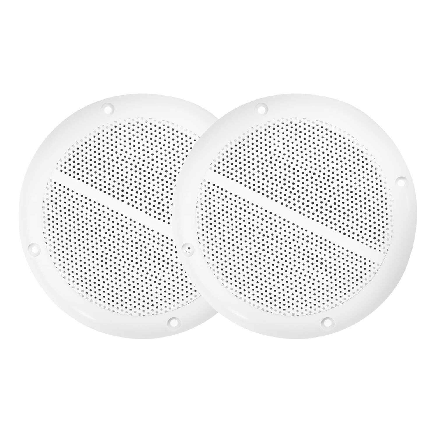 Dos cubiertas de altavoz circulares blancas. Cada una tiene un centro perforado y una línea diagonal. Están sobre un fondo blanco.