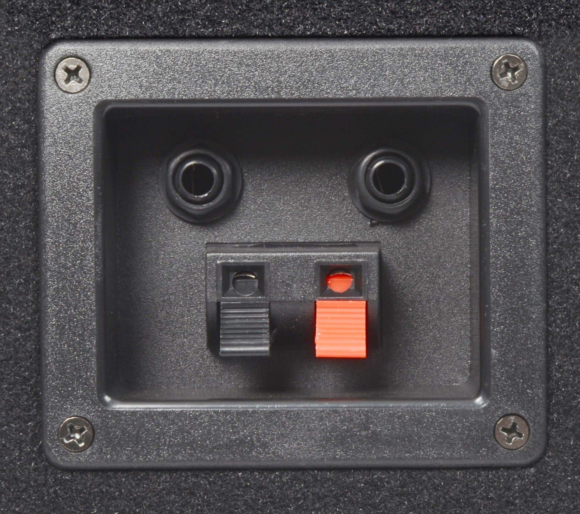 Primer plano de un panel de audio negro con dos conectores, un terminal negro y otro naranja, y cuatro tornillos.