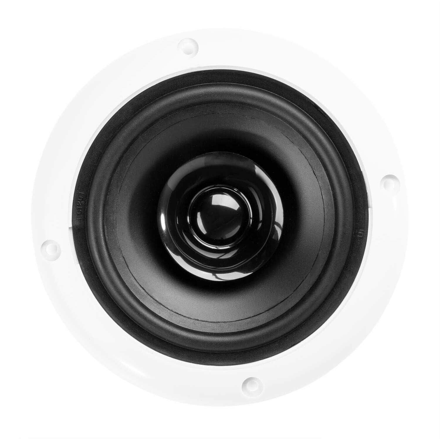 Un altavoz blanco de techo con un cono de altavoz negro. El altavoz es redondo con un marco blanco e interior negro.
