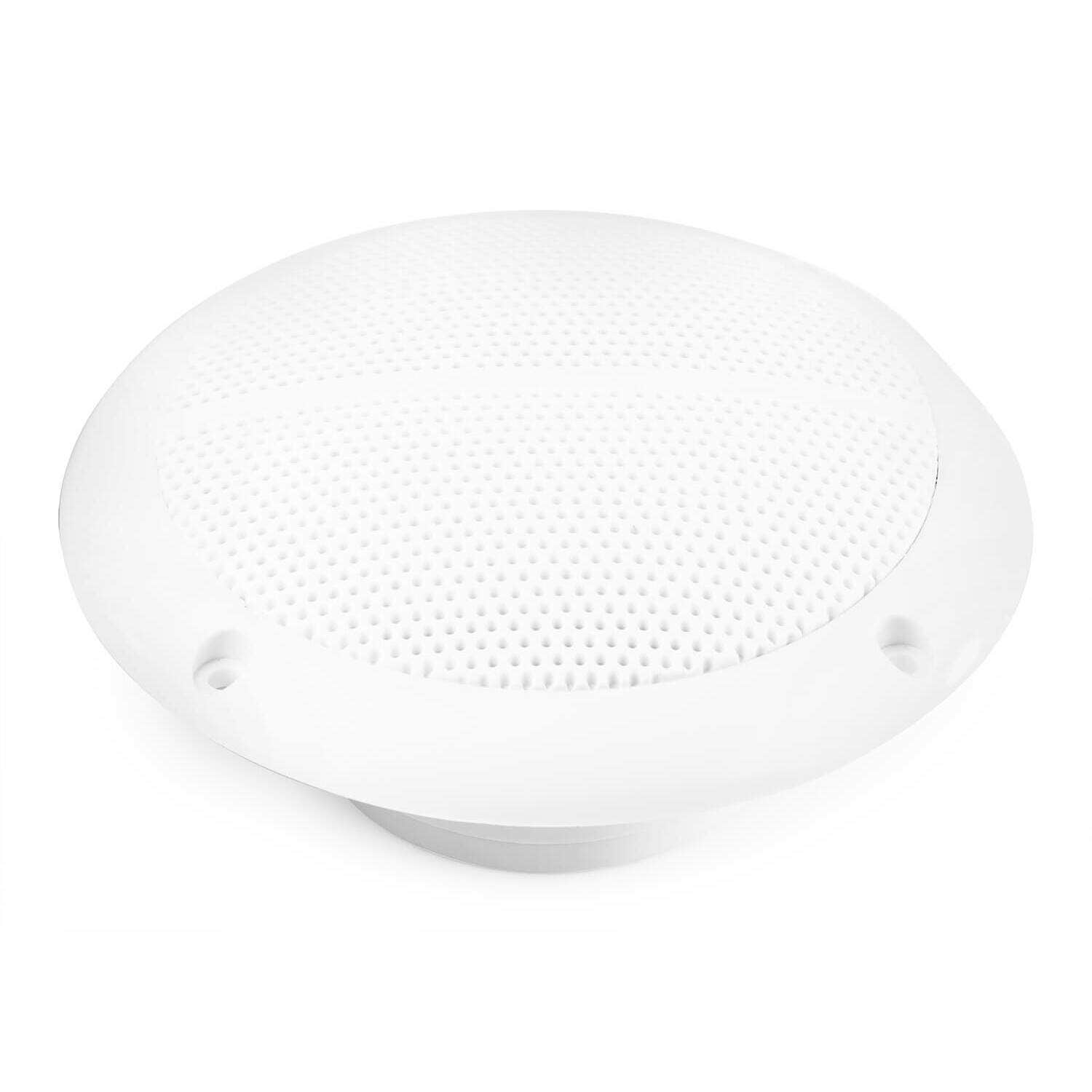 Un altavoz blanco y circular con centro perforado y borde elevado. Tiene tres pequeños agujeros para tornillos.