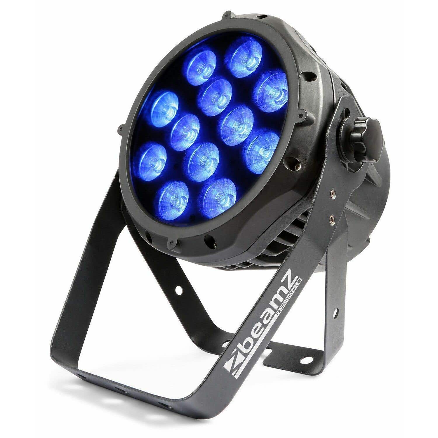 Un foco de escenario negro con LED azules, soportado por un soporte. El logotipo de Beamz Professional es visible.