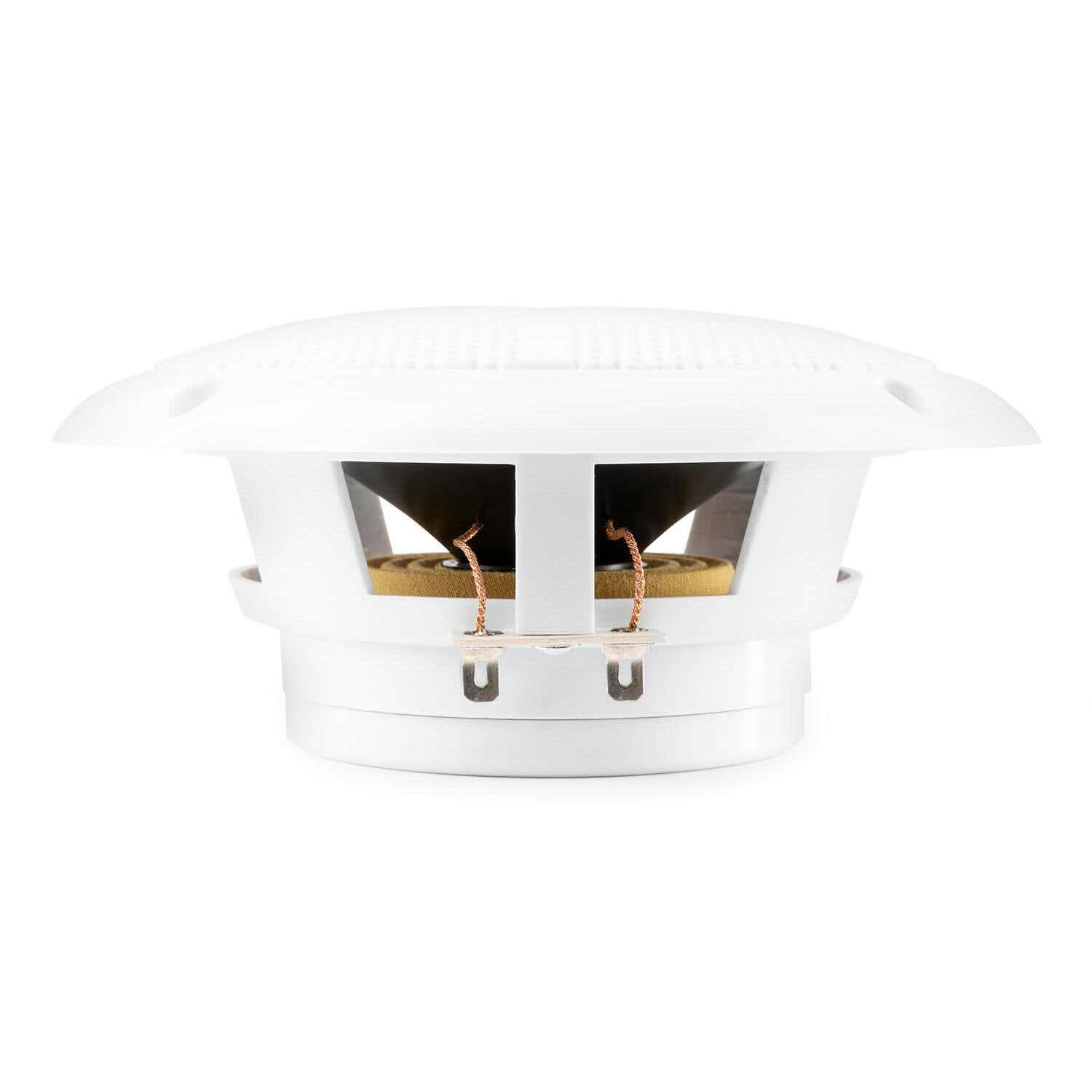 Un componente de altavoz blanco. Tiene un diseño redondo y en capas con cableado de cobre visible y una abertura central.