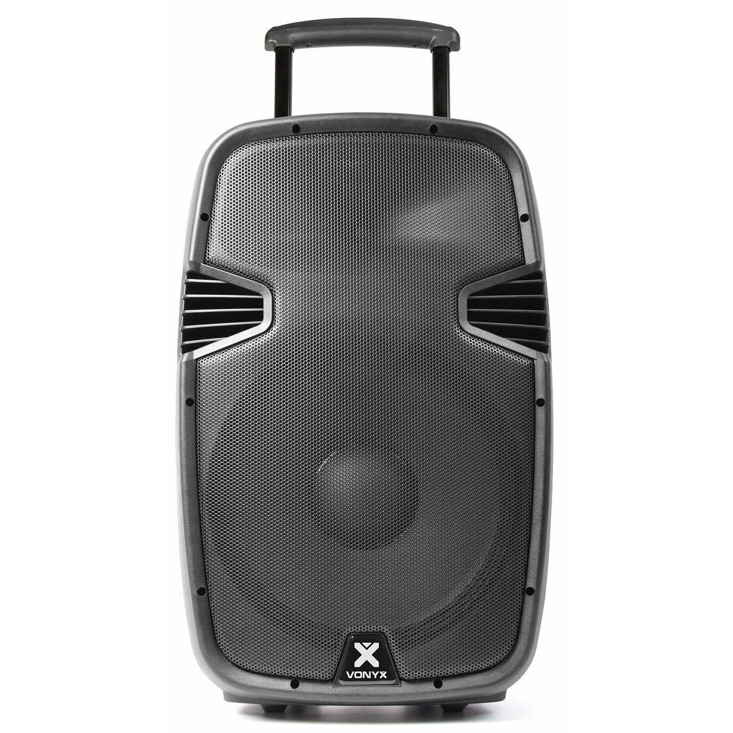 Un altavoz Vonyx gris. Tiene una rejilla frontal, un asa y un asa extensible. El logotipo de Vonyx es visible en la parte inferior.