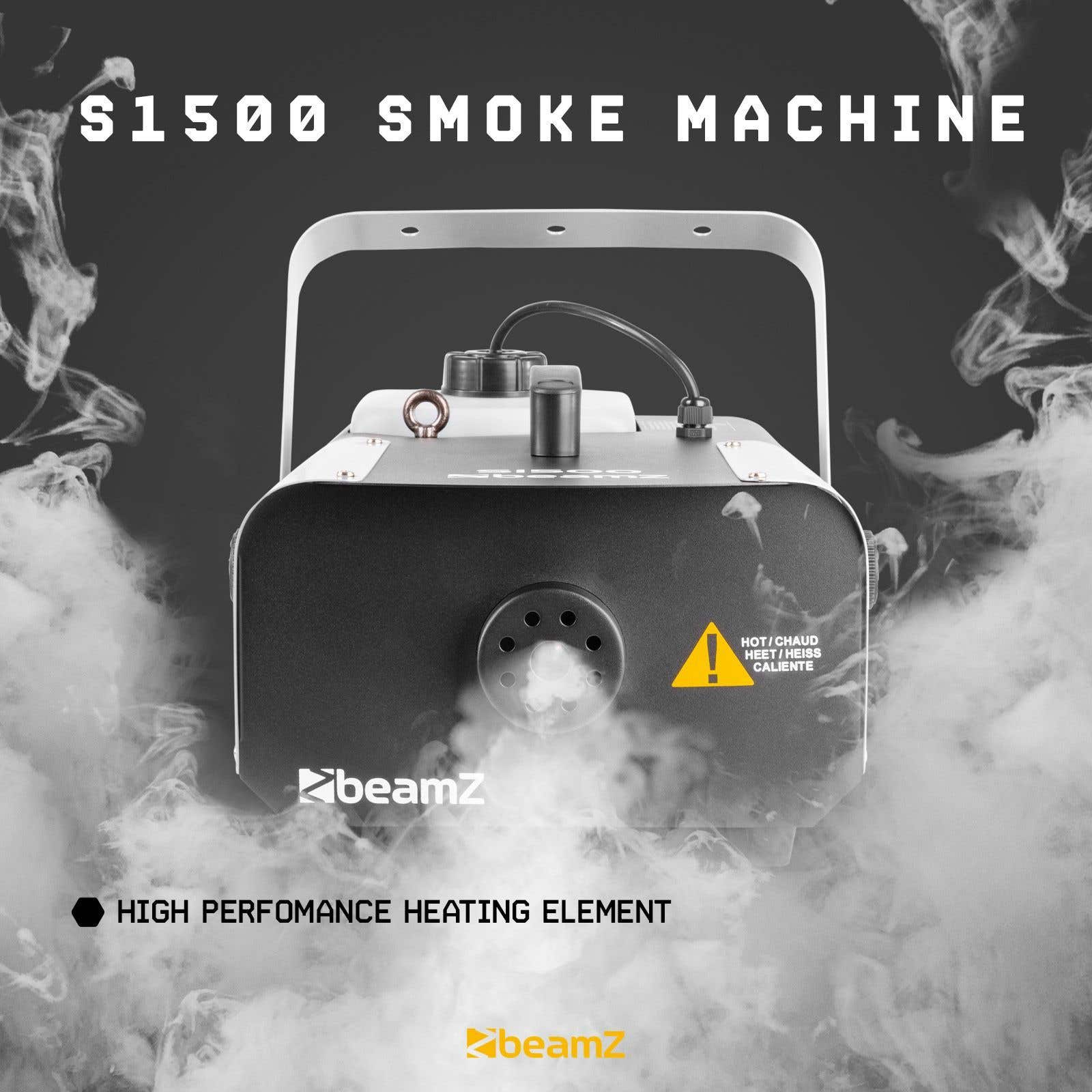 Máquina de humo S1500. Blanco y negro con humo. Señal de advertencia. Logotipo de Beamz.