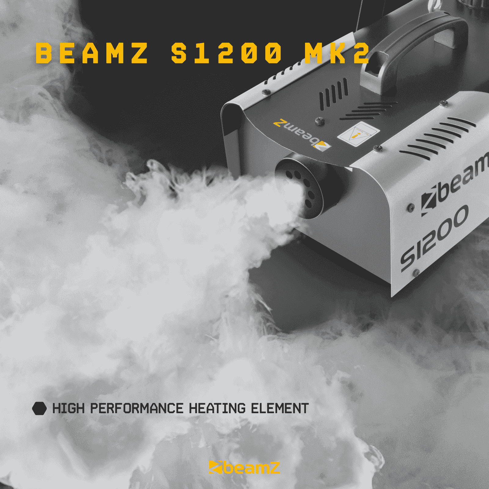 Una máquina de niebla Beamz S1200 MK2 emite humo blanco. El texto resalta 'High Performance Heating Element' y el nombre de la marca.