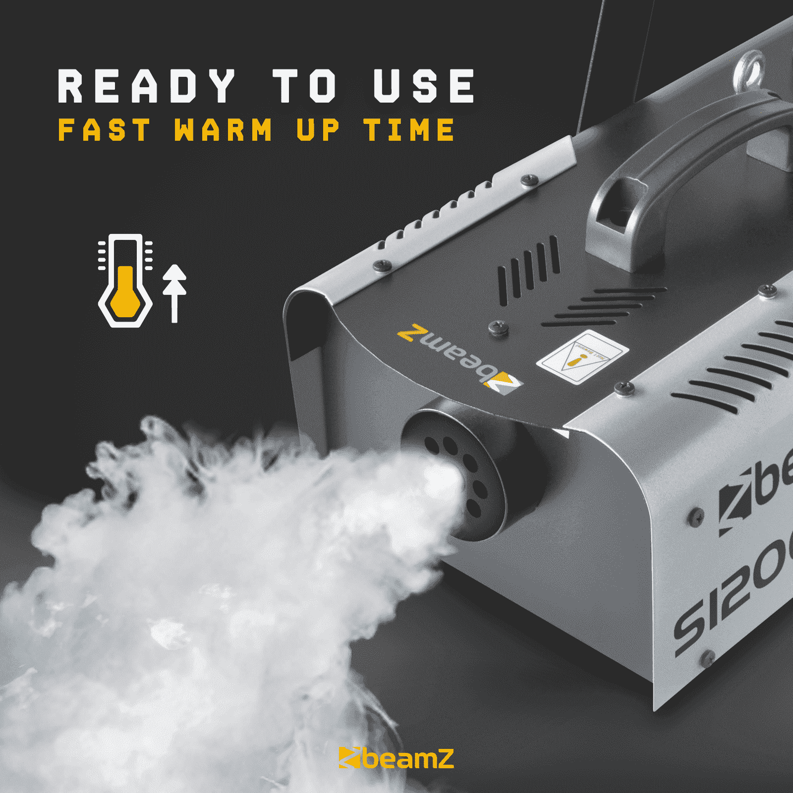 Una máquina de humo emitiendo humo. El texto dice 'READY TO USE, FAST WARM UP TIME'. La marca es beamz.