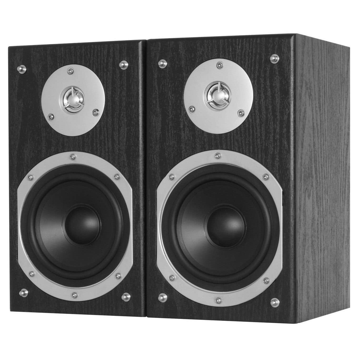 Dos altavoces de madera negra uno al lado del otro. Cada uno tiene un altavoz plateado y un tweeter, con detalles y tornillos plateados.