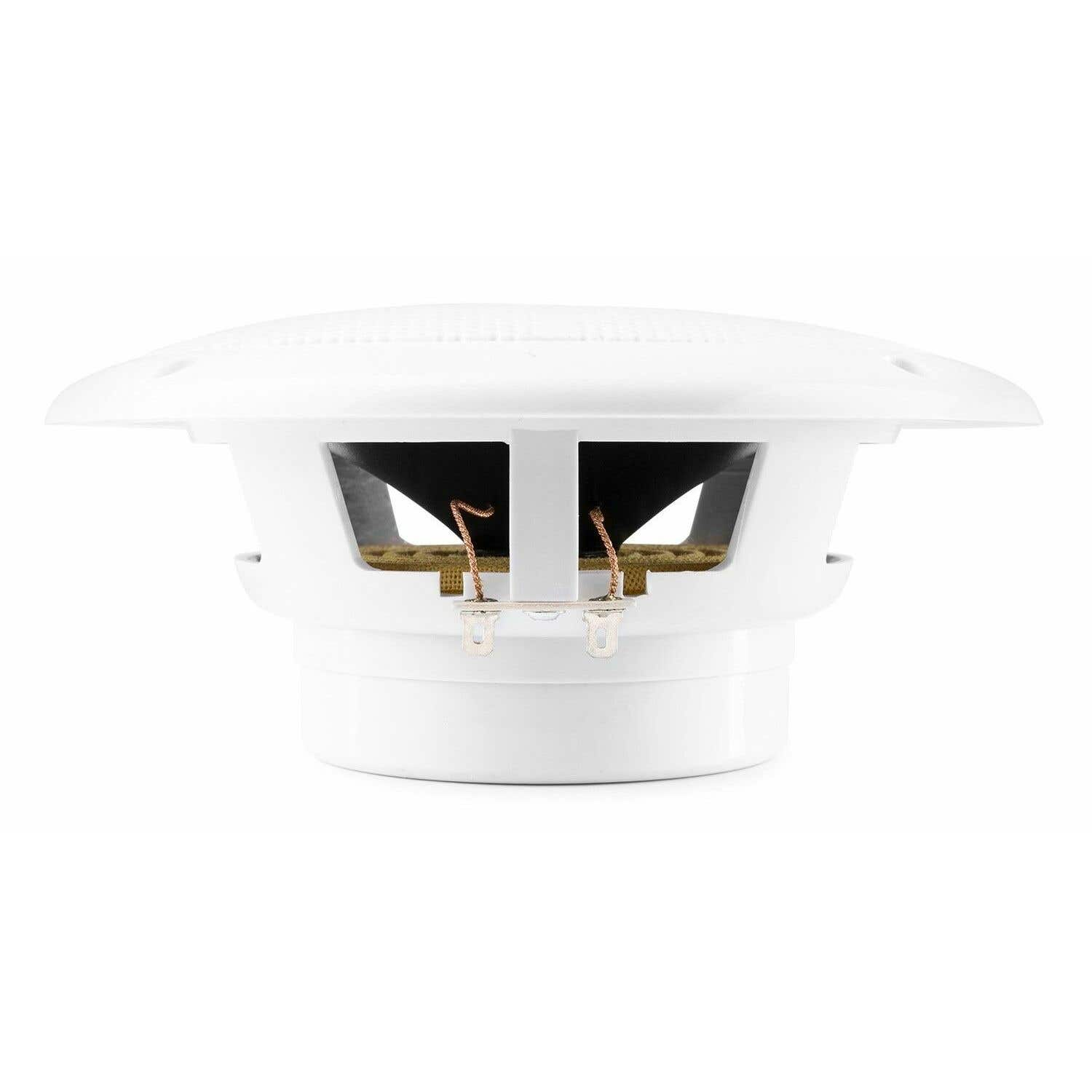 Un altavoz blanco con diseño circular. Tiene una cavidad central con material dorado, cables de cobre y un borde blanco.