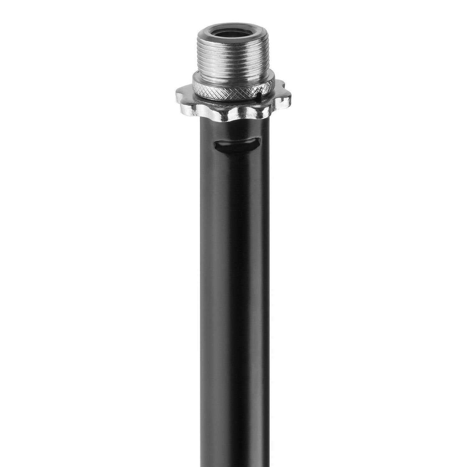 A black microphone stand with a silver top section and a gear-shaped base. The stand is isolated on a white background.