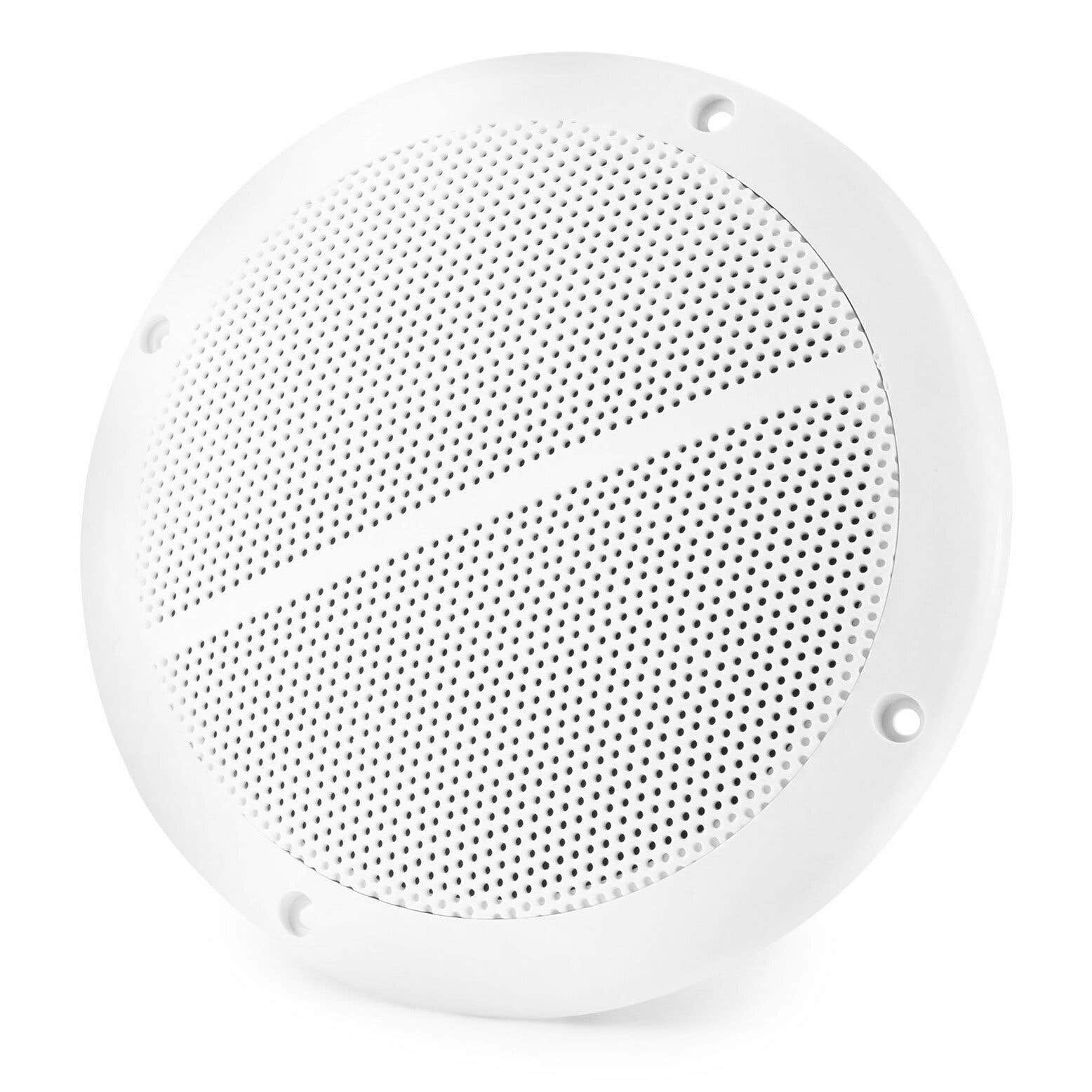 Una rejilla de altavoz circular blanca con numerosos agujeros pequeños. Tiene un borde liso y una línea divisoria central.
