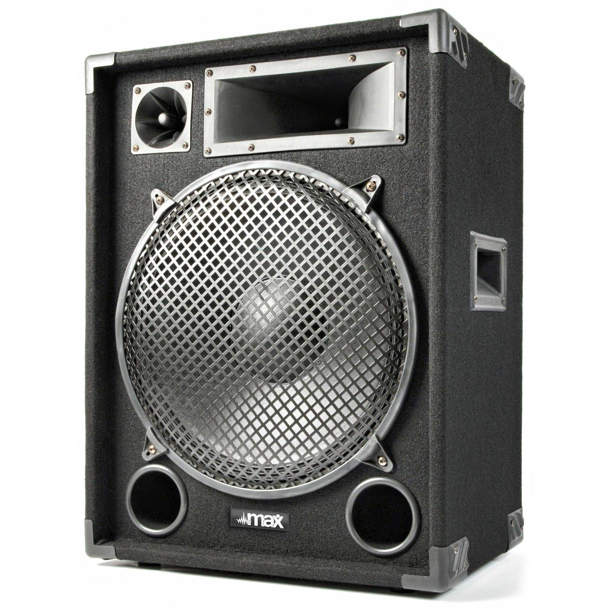 Altavoz negro con rejilla metálica y puertos. Incluye un tweeter, bocina y dos puertos circulares. La marca es 'max'.