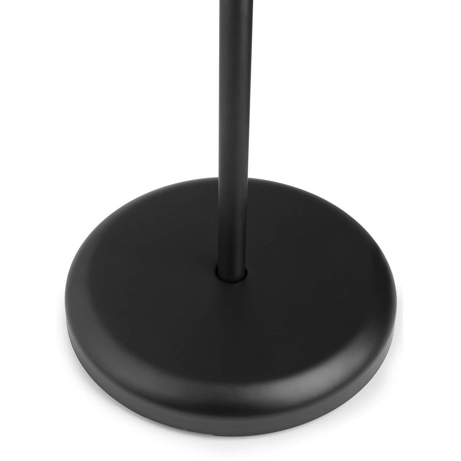A black microphone stand base and pole are centered on a white background. The base is round and matte.