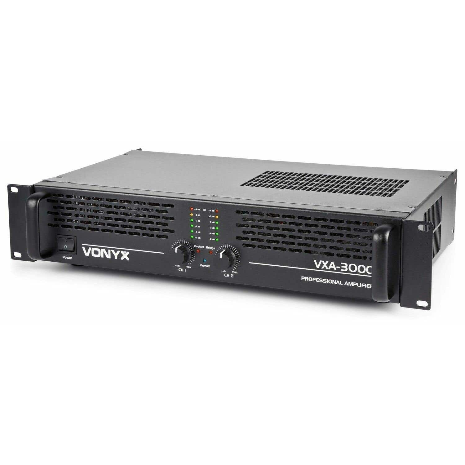 Un amplificador profesional Vonyx VXA-300C negro. Tiene botones de encendido, diales para CH1 y CH2 e indicadores LED.