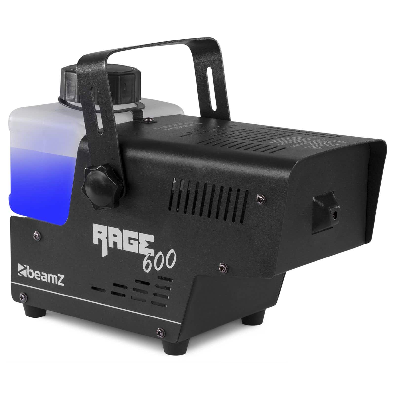 Una máquina de niebla Beamz Rage 600 negra con un depósito transparente que contiene líquido azul. Tiene un asa y ventilaciones.