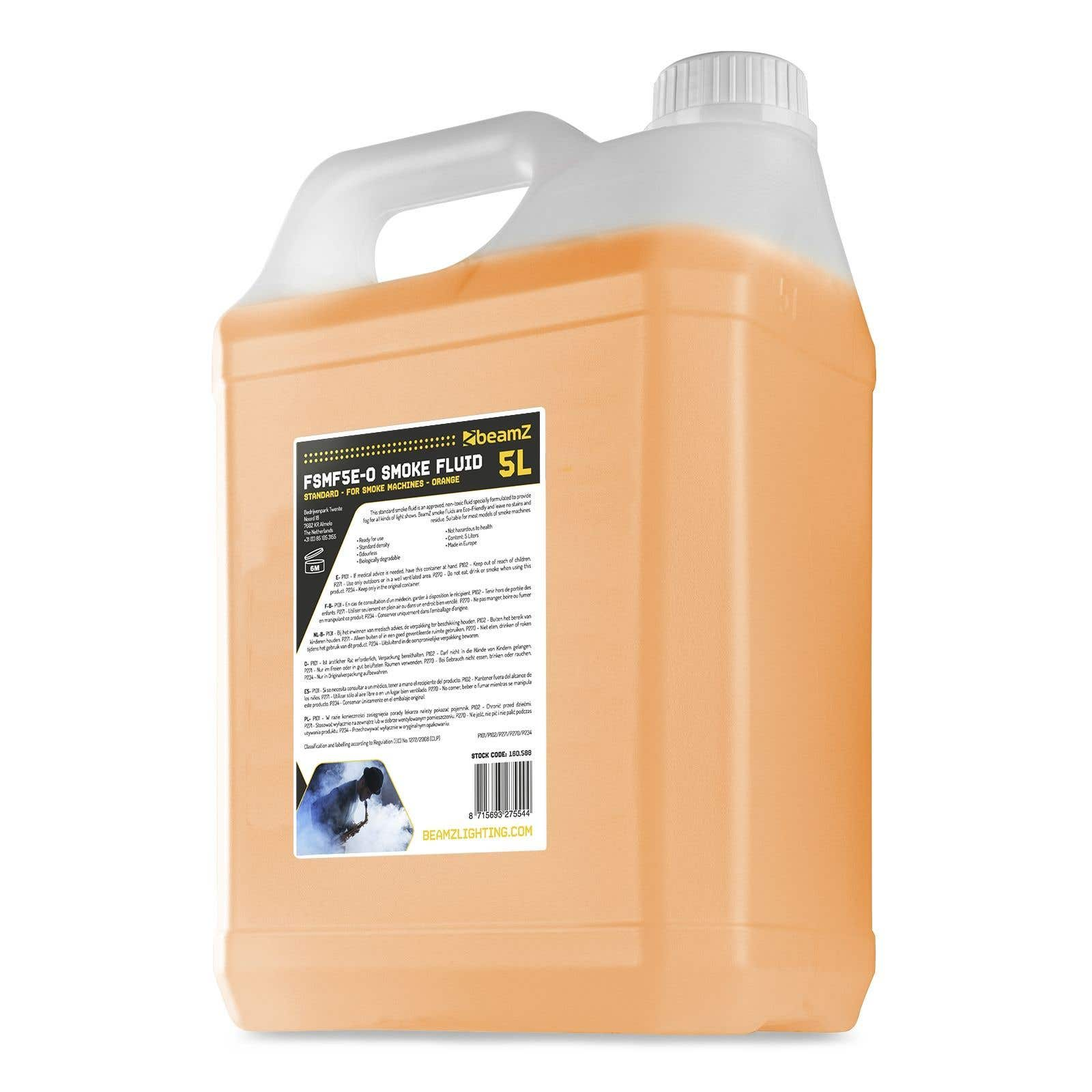 Contenedor de líquido de humo naranja de 5L. Marca e información del producto en la etiqueta. Tapa y asa blancas.