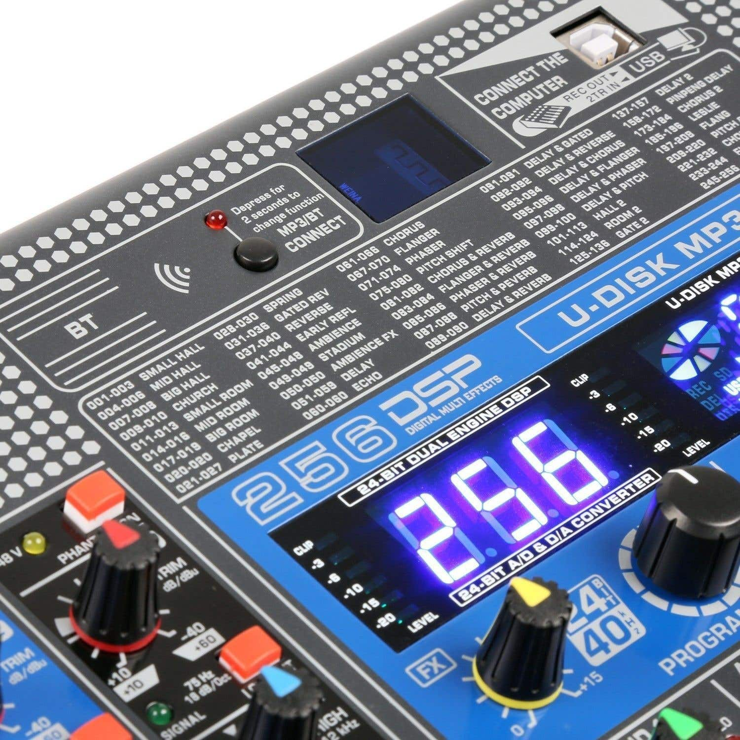 Mezclador de audio digital con botones, perillas y una pantalla que muestra '2.9.8'. Combinación de colores azul y gris.