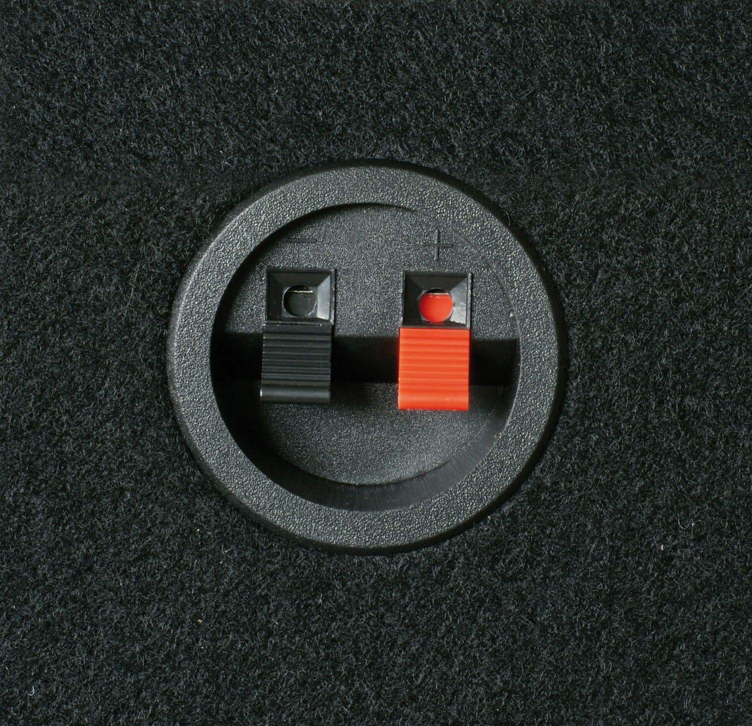 Primer plano de un terminal de altavoz sobre una superficie negra texturizada. Presenta un terminal negro y uno rojo dentro de un marco circular.