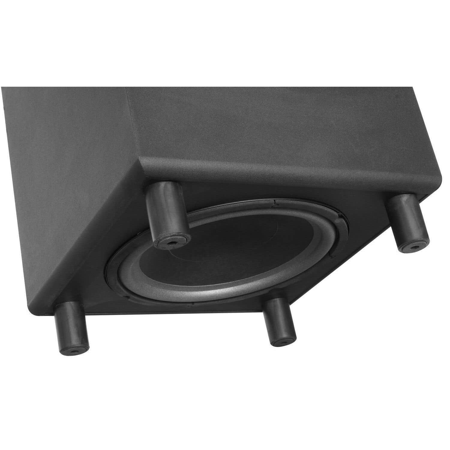 Una caja de altavoz negra con cuatro patas. El cono del altavoz es visible. El fondo es blanco.