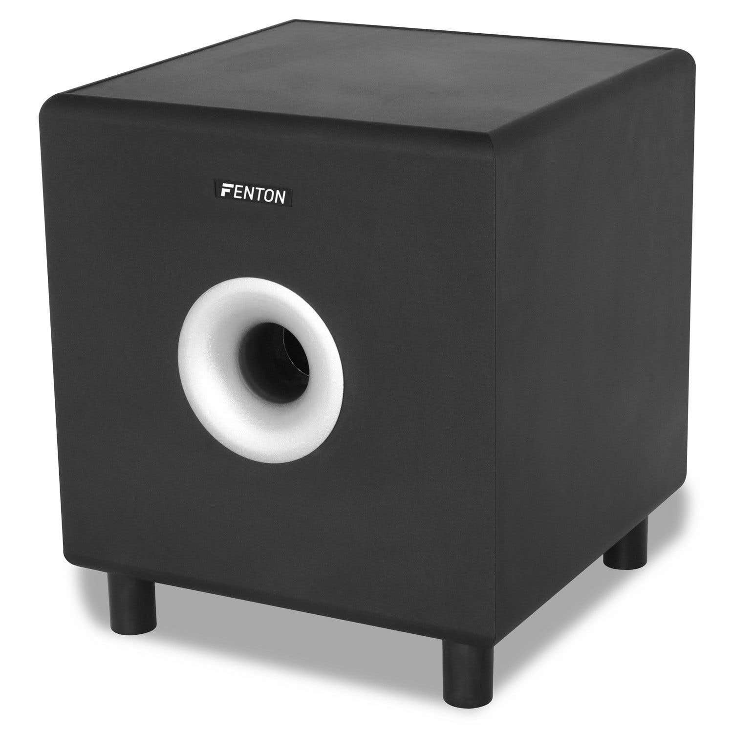 Un caisson de basses Fenton noir avec un port circulaire blanc, des pieds noirs et le logo Fenton.
