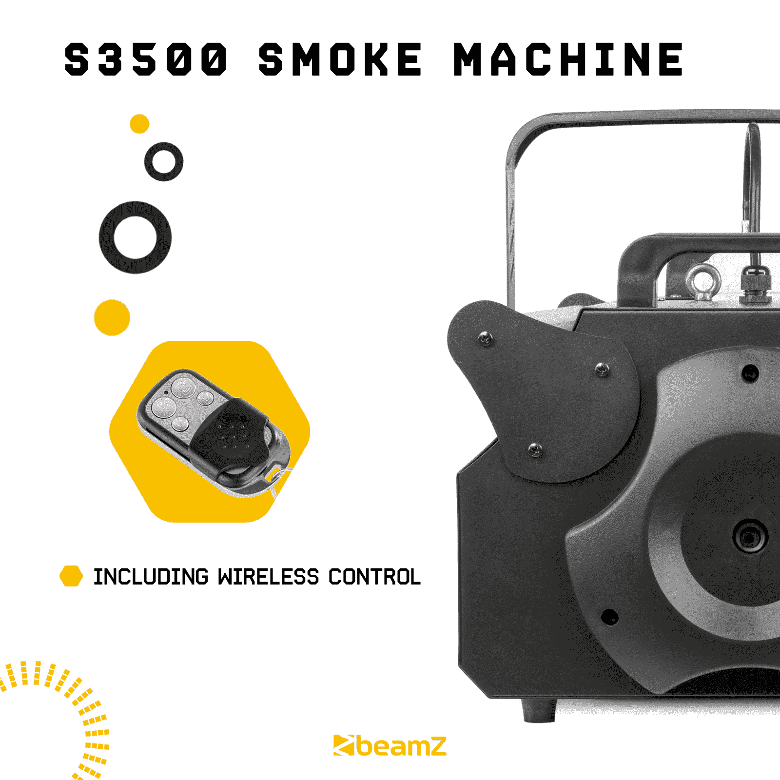 Máquina de humo negra con control inalámbrico, con mando a distancia y el logotipo de beamz.
