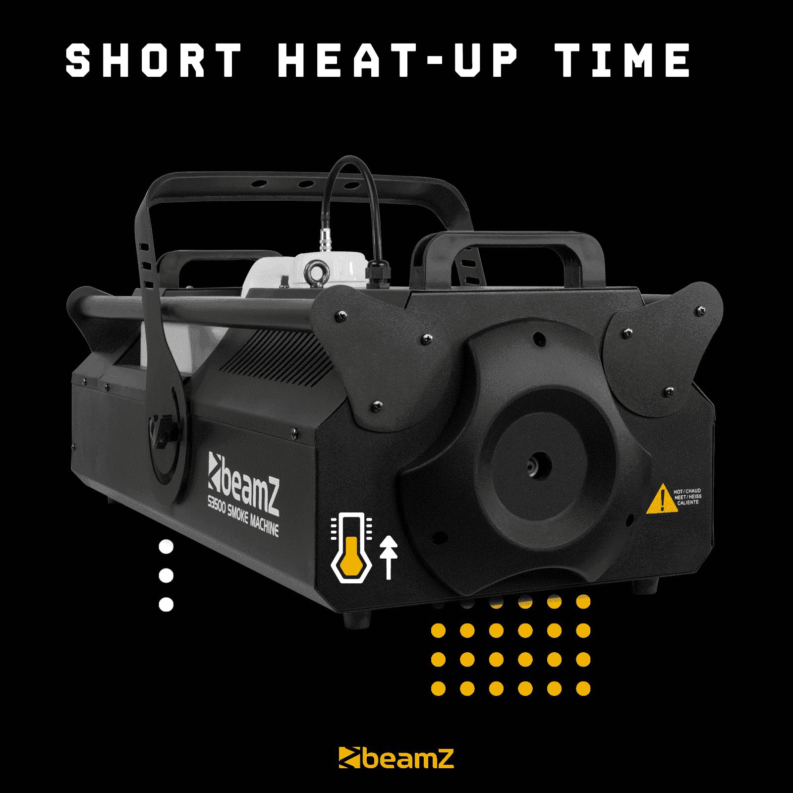 Máquina de humo negra con el logo 'beamz', texto 'Short Heat-Up Time'. Puntos amarillos e icono de temperatura sobre fondo negro.