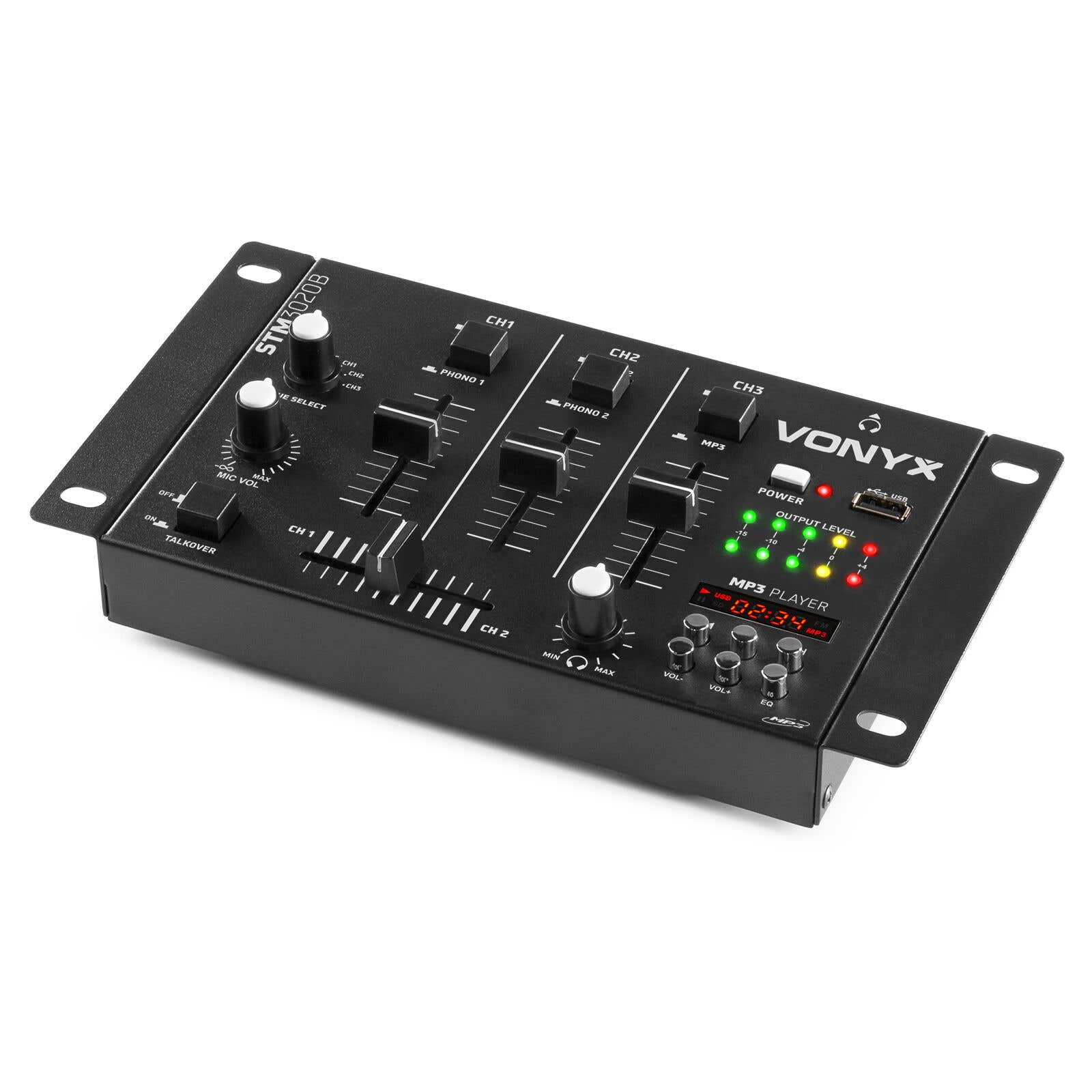 Ein schwarzer Vonyx STM3020B-Mixer mit Schiebereglern, Knöpfen und MP3-Player-Anzeige, mit Strom- und Pegelanzeigen.