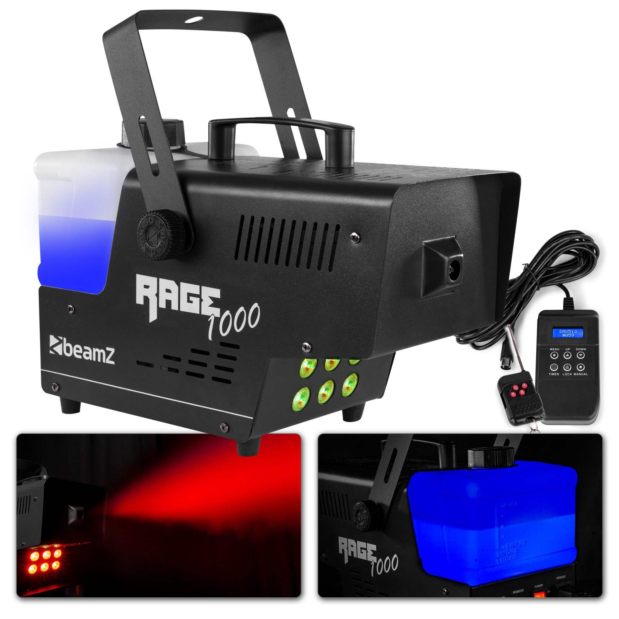 Una máquina de niebla negra Beamz Rage 1000 con un depósito de líquido azul y control remoto. Tiene el texto 'RAGE 1000'.