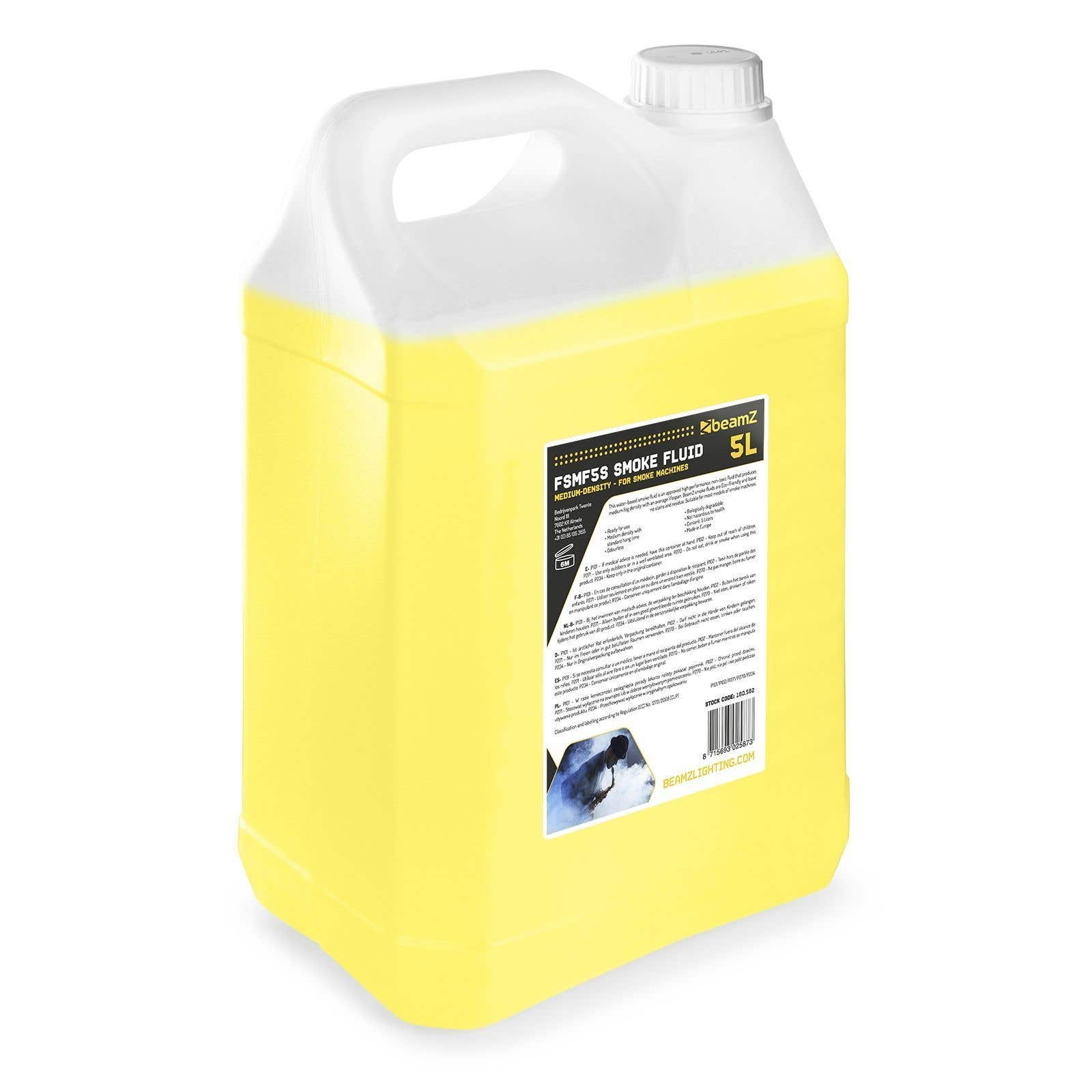 Un contenedor amarillo de 5L de líquido de humo con asa y tapa blancas. Etiquetas de texto visibles.
