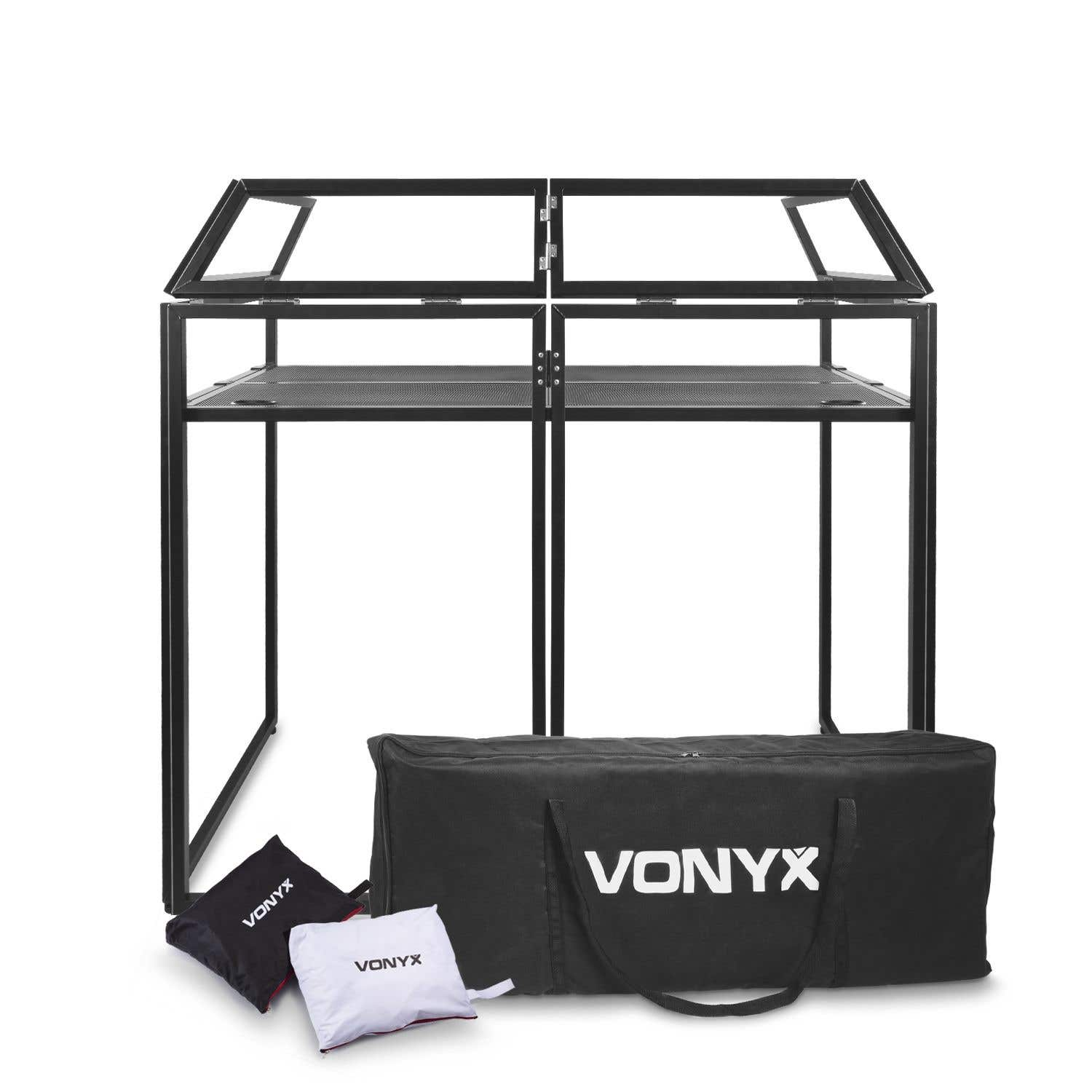 Un marco de metal negro con paneles de vidrio, una bolsa negra con la palabra VONYX y dos bolsas más pequeñas con el mismo logotipo.