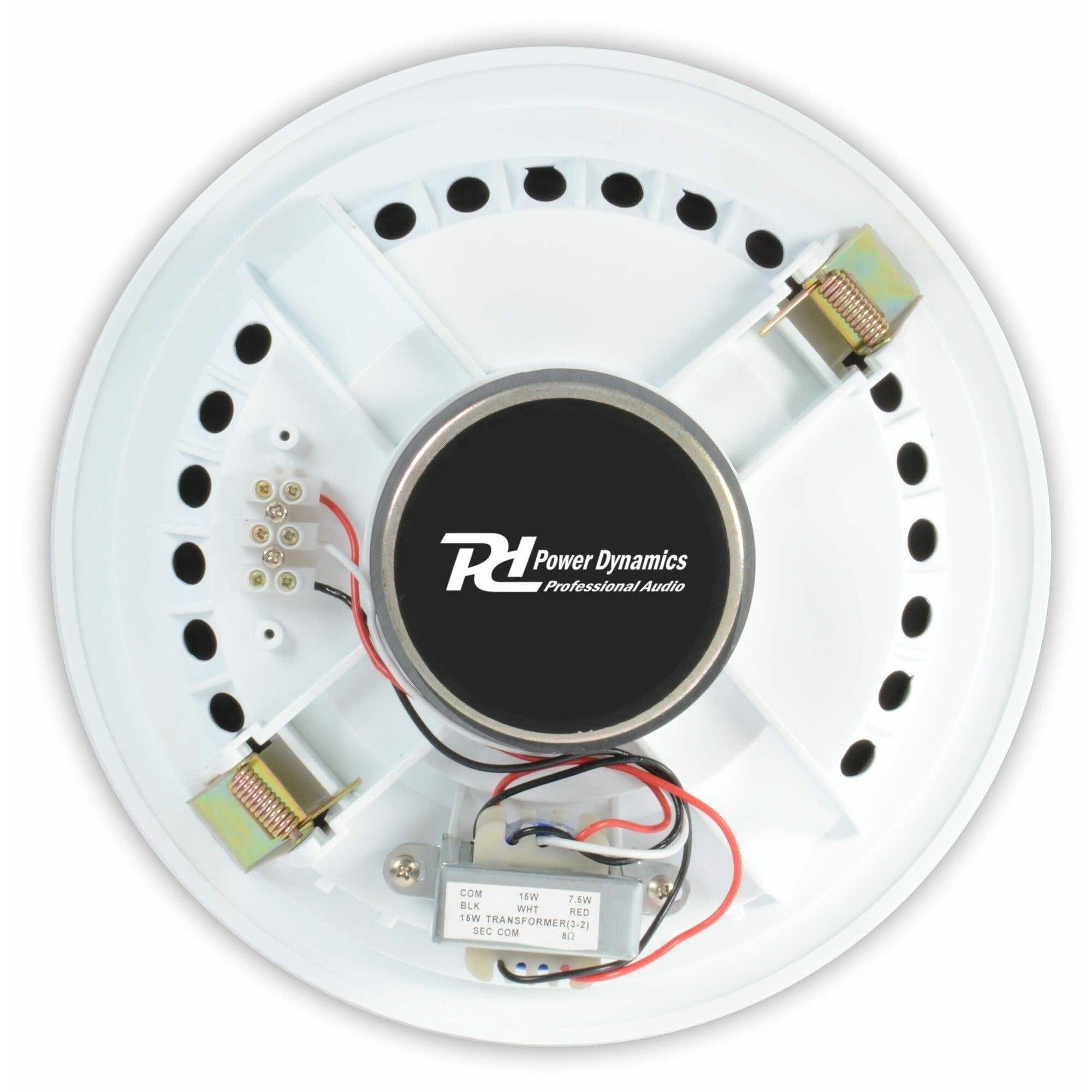 Un altavoz de techo blanco con un centro negro que muestra el logotipo de Power Dynamics y componentes de cableado.
