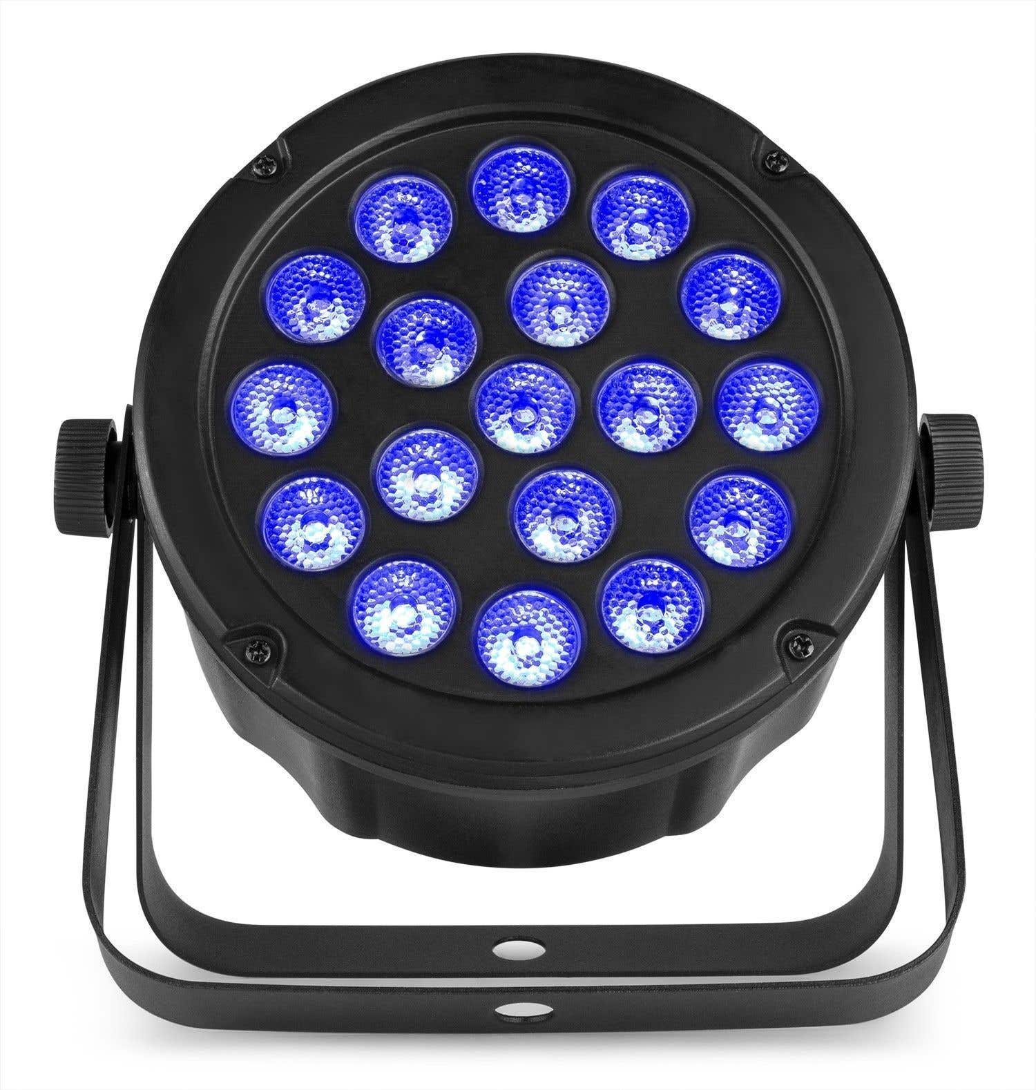 Un foco LED negro con 16 luces azules. Tiene un asa y perillas. El fondo es blanco.