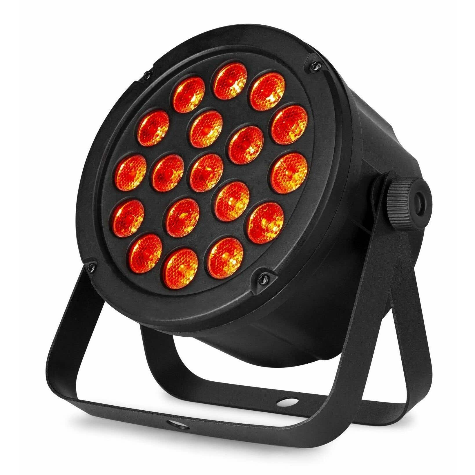 Foco de escenario negro con 19 LED rojos. Tiene un asa y está sobre un fondo blanco.