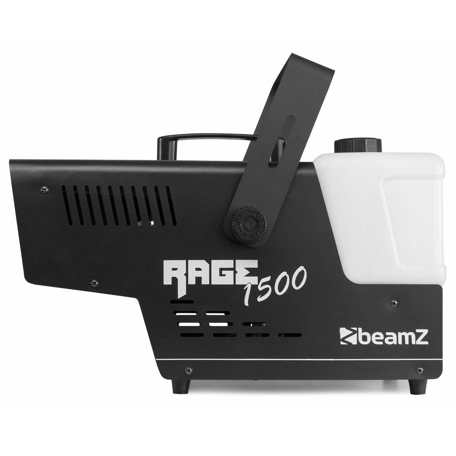 Máquina de niebla negra Rage 1500 beamZ. Cuenta con un tanque de líquido blanco, un asa y el logotipo de la marca.