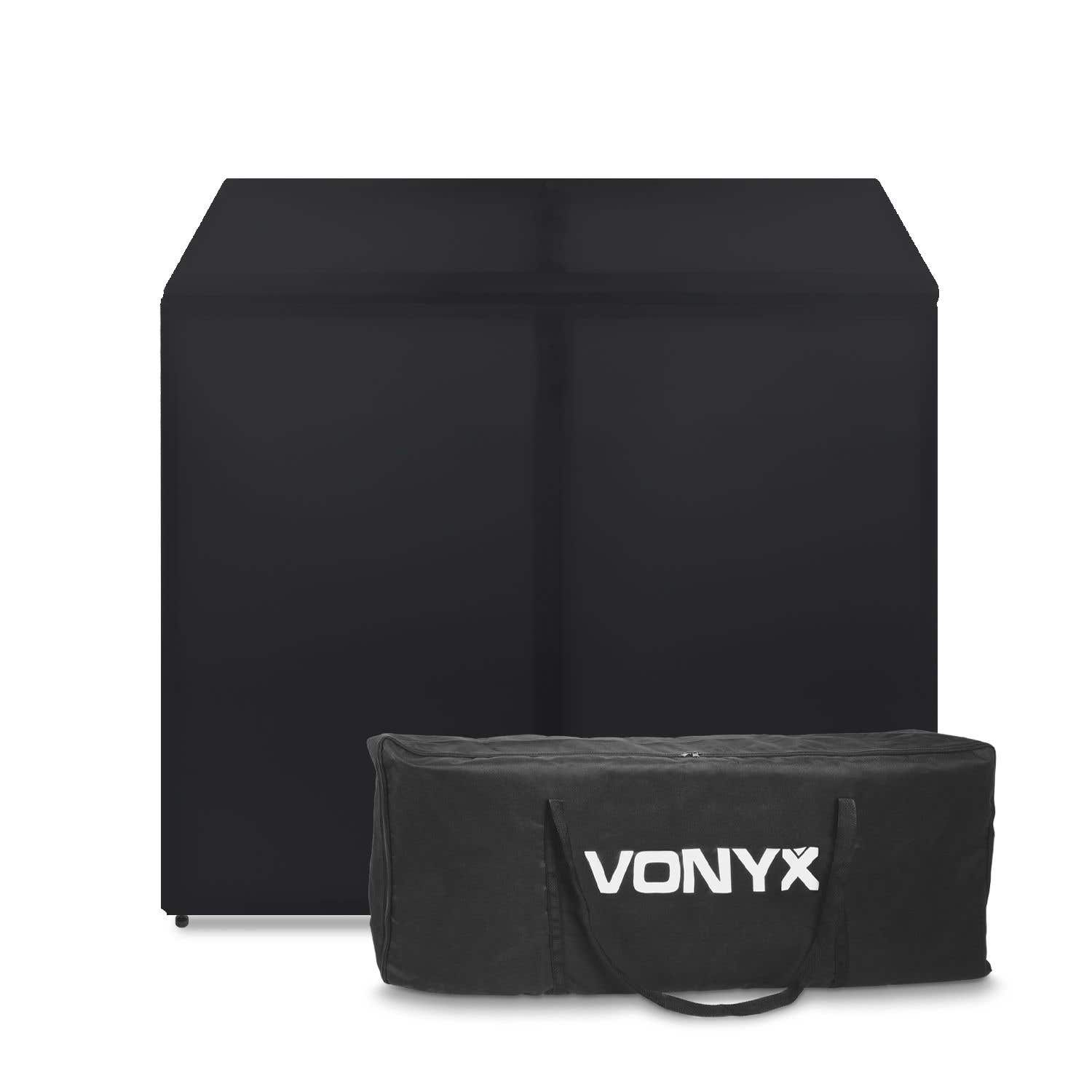 Un telón de fondo negro y una funda negra con la palabra VONYX en blanco sobre un fondo blanco.
