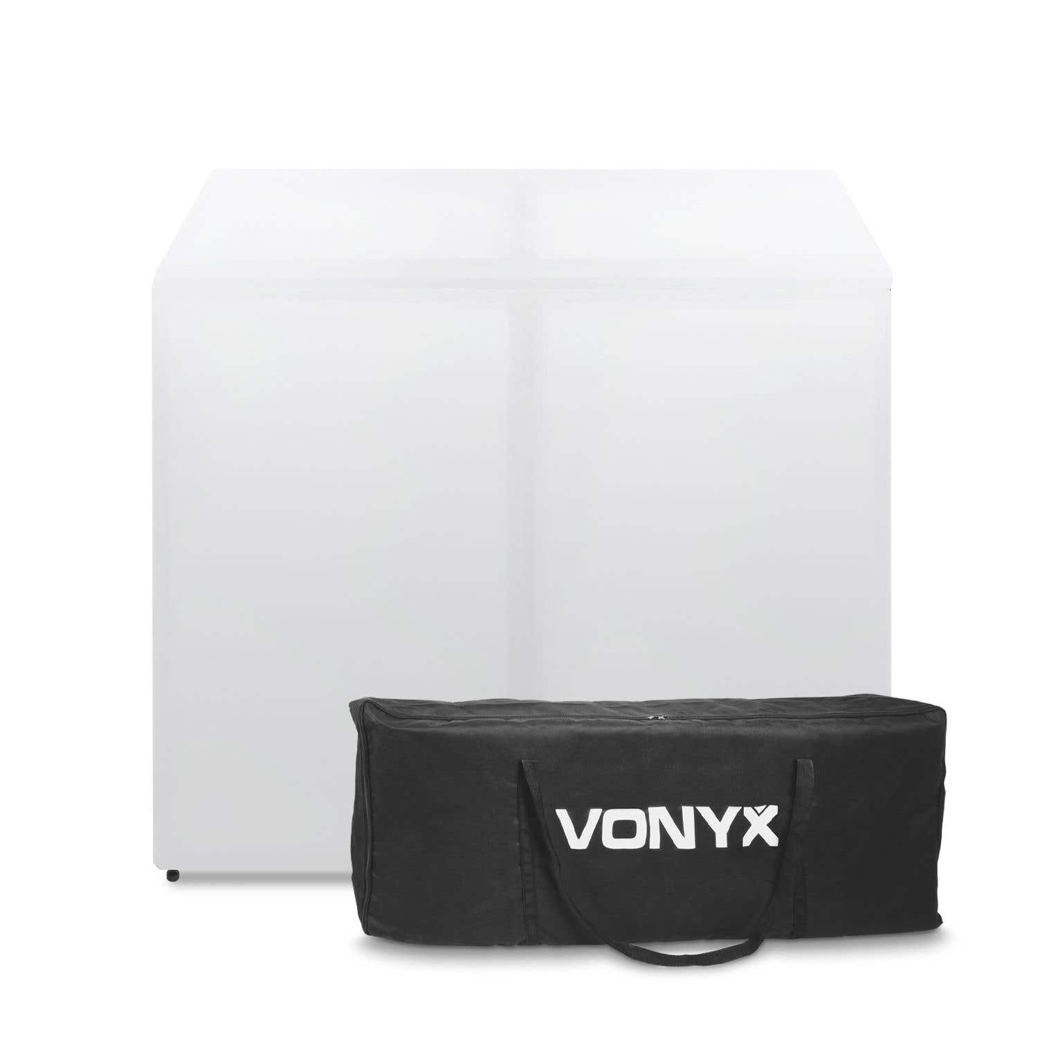 Un fondo blanco está detrás de una bolsa de transporte negra con 'VONYX' en blanco. La configuración está sobre un fondo blanco.