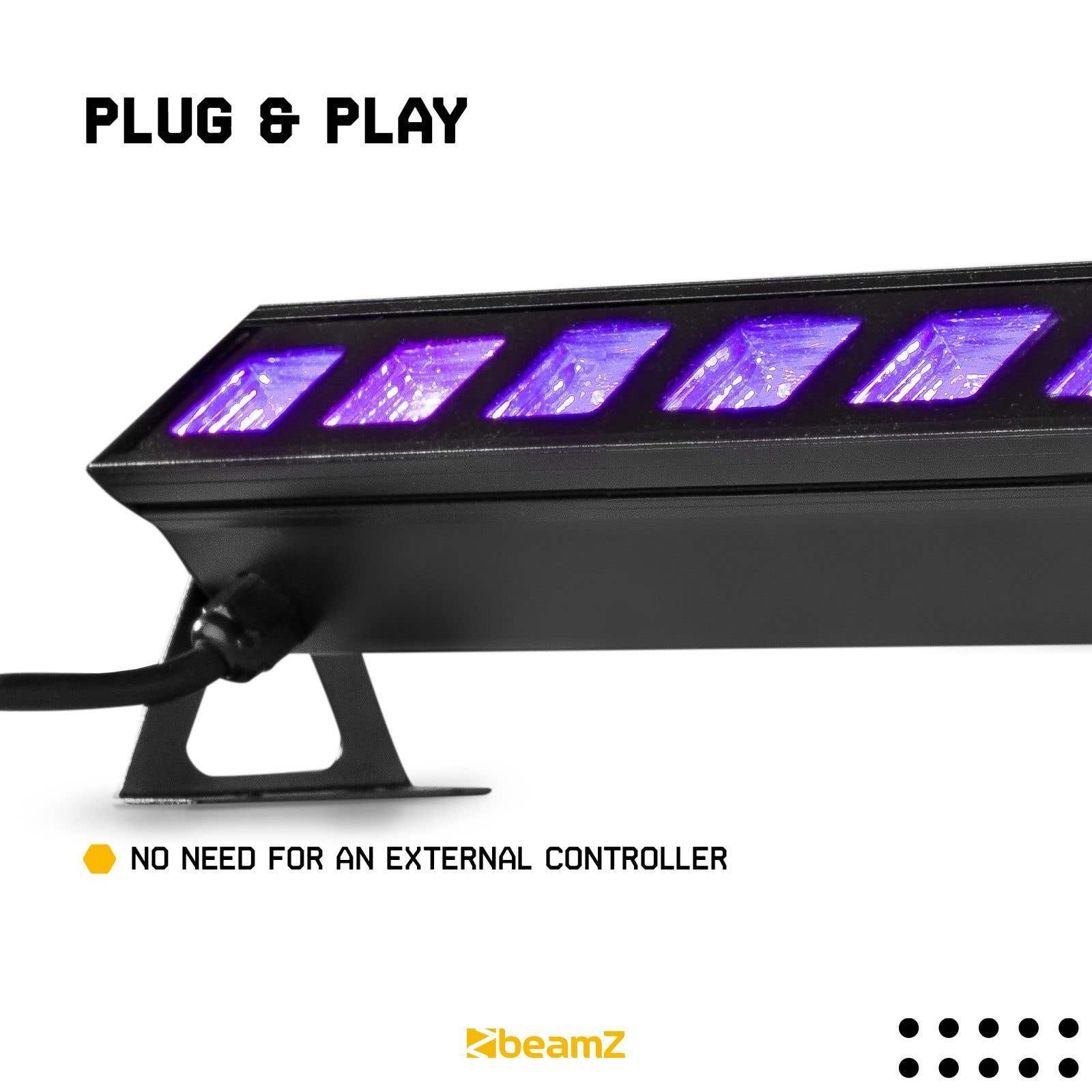 Una luz negra con luces moradas. El texto dice 'Plug & Play' y 'No necesita un controlador externo'.