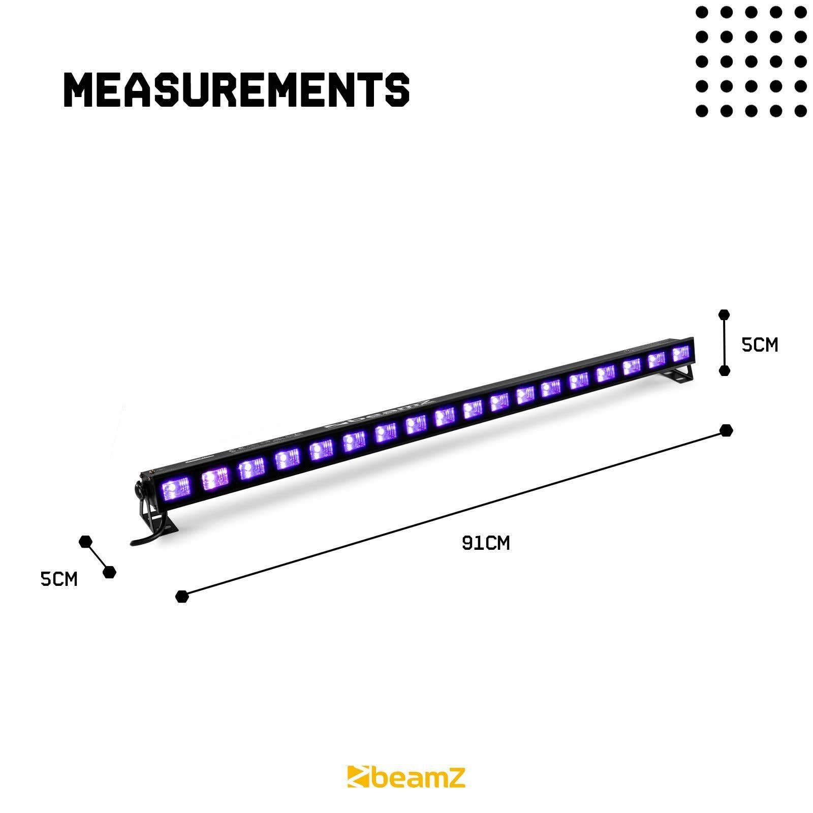 Una barra de luz negra con LED morados, de 91 cm de largo. También hay medidas y el logotipo de beamz.