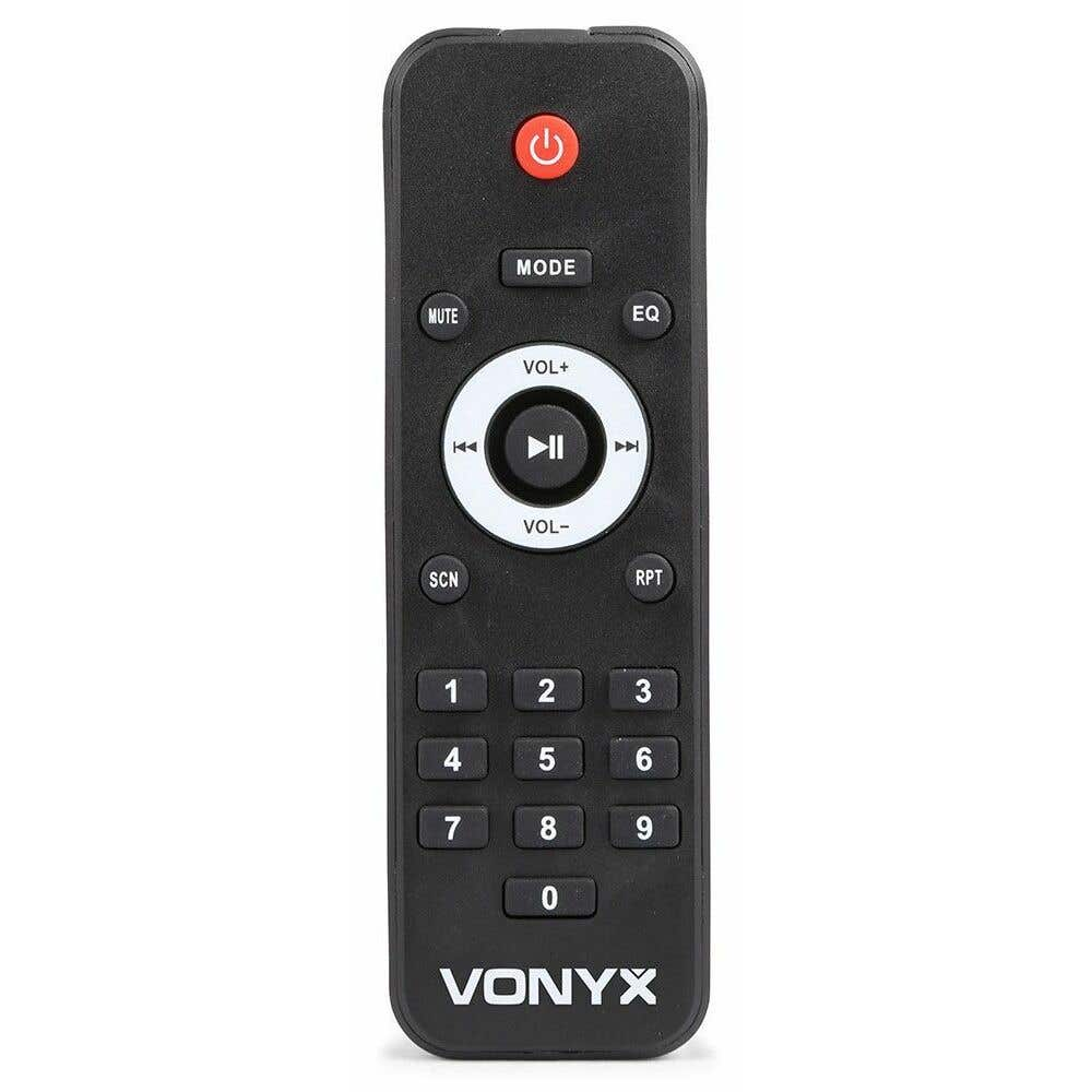 Zwarte VONYX-afstandsbediening met knoppen voor aan/uit, modus, dempen, volume, nummers en afspeelbediening.
